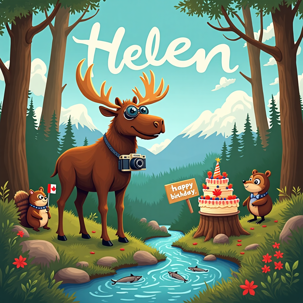 In the heart of a whimsical Canadian forest, where towering maple trees stretch towards a cerulean sky, a lively birthday scene unfolds. Center stage is a charismatic moose, wearing a vintage camera around its neck, its lens catching glimmers of sunlight. This moose is the photographer for the day, capturing the forest's jubilant wildlife celebrating Helen's birthday. Surrounding the moose, a playful raccoon balances on a log, holding a tiny Canadian flag. Nearby, a beaver is meticulously carving out a wooden sign that reads "Happy Birthday, Helen!" with its skilled teeth. Perched on a branch above, a wise old owl, resembling a character out of a Beatrix Potter story, sports a bow tie and hoots a celebratory tune. A vibrant, colorfully festooned birthday cake, adorned with wild blueberries and maple leaf decorations, rests on a nearby tree stump. In the background, snow-capped mountains peak over the trees, and clouds lazily drift by, subtly forming the letters of "Helen" in a soft, ephemeral script across the sky. A lively stream runs through the scene, with salmon leaping in joy, adding a touch of action inspired by the dynamic illustrations of N.C. Wyeth. The entire setting is framed by a border of interwoven branches and leaves, a nod to the intricate designs of Aubrey Beardsley. The scene is vibrant and bustling with life, every creature and detail coming together to celebrate Helen in this uniquely Canadian wilderness party.
Generated with these themes: Canada, Wildlife, and Photography.
Made with ❤️ by AI.