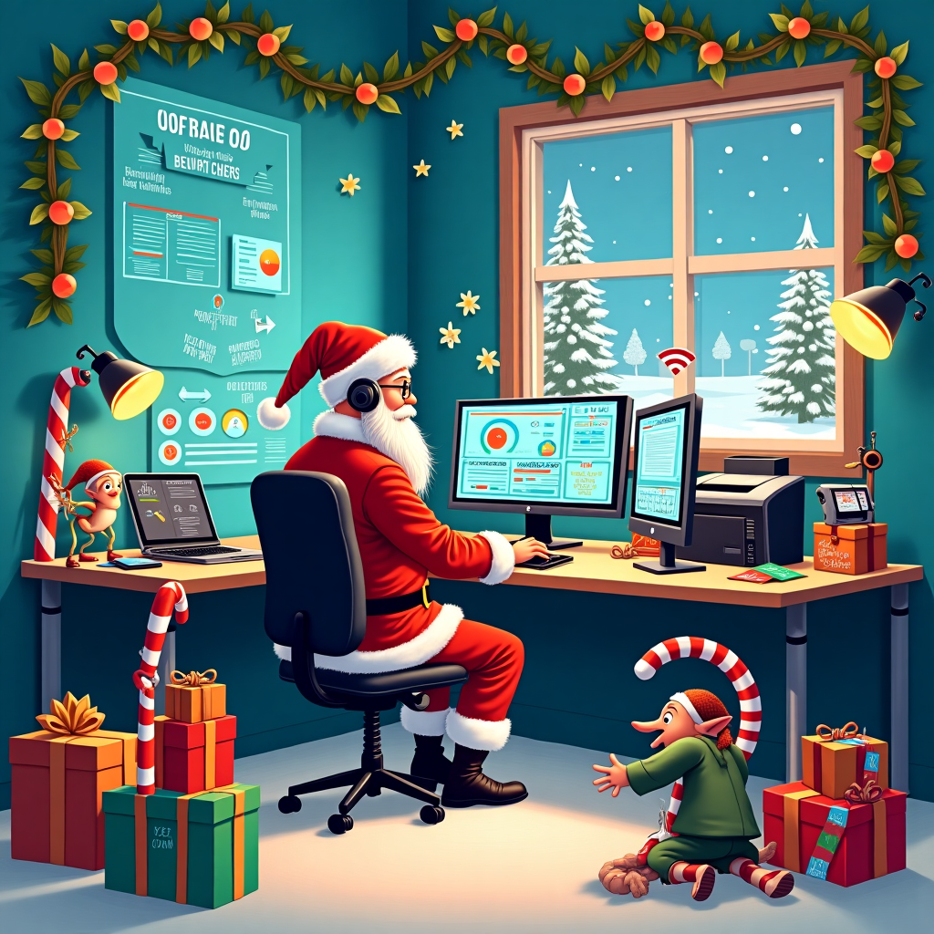 In this whimsical Christmas card illustration, a lively scene unfolds in a vibrant office that’s been transformed into a festive IT workshop at the North Pole. At the center, a tech-savvy Santa Claus is dressed in a tailored red suit with glowing fiber-optic trims, sitting at a sleek, high-tech workstation with dual monitors showing video calls via Teams, reminiscent of Norman Rockwell's detailed realism with a touch of Quentin Blake's playful chaos. Beside him, a group of industrious elves, each wearing headsets, are busy upgrading a row of computers, their screens displaying colorful dashboards representing the new simplified trading platform. On the walls, large, glowing network diagrams and WiFi symbols reflect a 10-fold bandwidth increase, illustrated in the intricate linework akin to Aubrey Beardsley.

In the foreground, a cheerful elf, inspired by Beatrix Potter's charming characters, holds a large, modern smartphone showcasing reminders for Duty Managers. Nearby, a sleek, futuristic tablet controls access to a spa room, its screen aglow with an app interface. Across the room, an eco-friendly printer, designed in a style reminiscent of Edward Gorey's quirky inventions, churns out vibrant holiday flyers. On the floor, colorful, gift-wrapped boxes labeled with various project titles, like "Tech Enablement" and "Membership Platform Investigation," overflow with thank you notes.

In the background, a holographic display showcases the vast global network of the new Facilities platform, as another elf playfully adjusts a WiFi router perched atop a candy cane. A snowy window scene outside shows reindeer browsing on tablets, suggesting future tech advancements for 2025. Tucked into the scene, a small nod to Maurice Sendak, a mischievous, furry creature peeks out from under a desk, clutching a business continuity plan in case of a cyber crisis, ensuring the North Pole is safe.

Above the scene, a garland of binary code, interspersed with holly, wraps around the frame of the illustration, adding a final tech-savvy twist to this delightful holiday tableau.
Generated with these themes: 2024 has been a super busy year for the IT team. Here are some of the highlights!   1 Upgraded workstations to all our Clubs with Teams and AV enhancements   2 Frictionless WiFi connectivity   3 Future proofed our Network with 10 fold increase to network bandwidth   4 Tech Enablement of new clubs, Member Support team regional hubs and member workspaces   5 Duty Manager phones with reminders for key operational checks   6 New App to control access to our Spas   7 Business Continuity Plan to keep us safe in  case of a Cyber crisis   8 New Printers that are greener and more secure   9 Simplified Trading Dashboard   10 Supported People team in delivery of new People and Payroll  platform   11 Rolling out new Facilities platform to all clubs across the estate   12 Extensive investigation into options for a new Membership platform to replace Club Centric   We couldn’t do this without the support of many of you who we want to thank for all your help and support across our many projects. Wishing you all a peaceful and restful break over the holiday season and here’s to more innovation and success in 2025!  .
Made with ❤️ by AI.