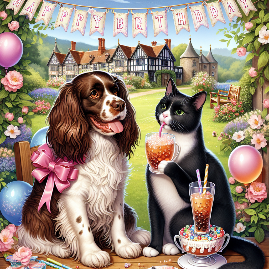 Design a charming birthday illustration showcasing a joyful, brown and white Springer Spaniel adorned with a vibrant birthday ribbon, and a sleek, all-black cat savoring a cup of bubble tea, sitting together in companionship. They are set against the backdrop of a picturesque Tudor-style castle, adorned with celebratory birthday decorations. Around them, the environment breathes the freshness of the beginning of spring with blossoming flowers and lush greenery. The image should evoke a sense of joy and celebration, balanced with warmth and tranquility brought by the scenic castle surrounding and the serene springtime atmosphere.
Generated with these themes: Brown and white springer spaniel, All black cat, The tudors, Bubble tea, and Castle.
Made with ❤️ by AI.