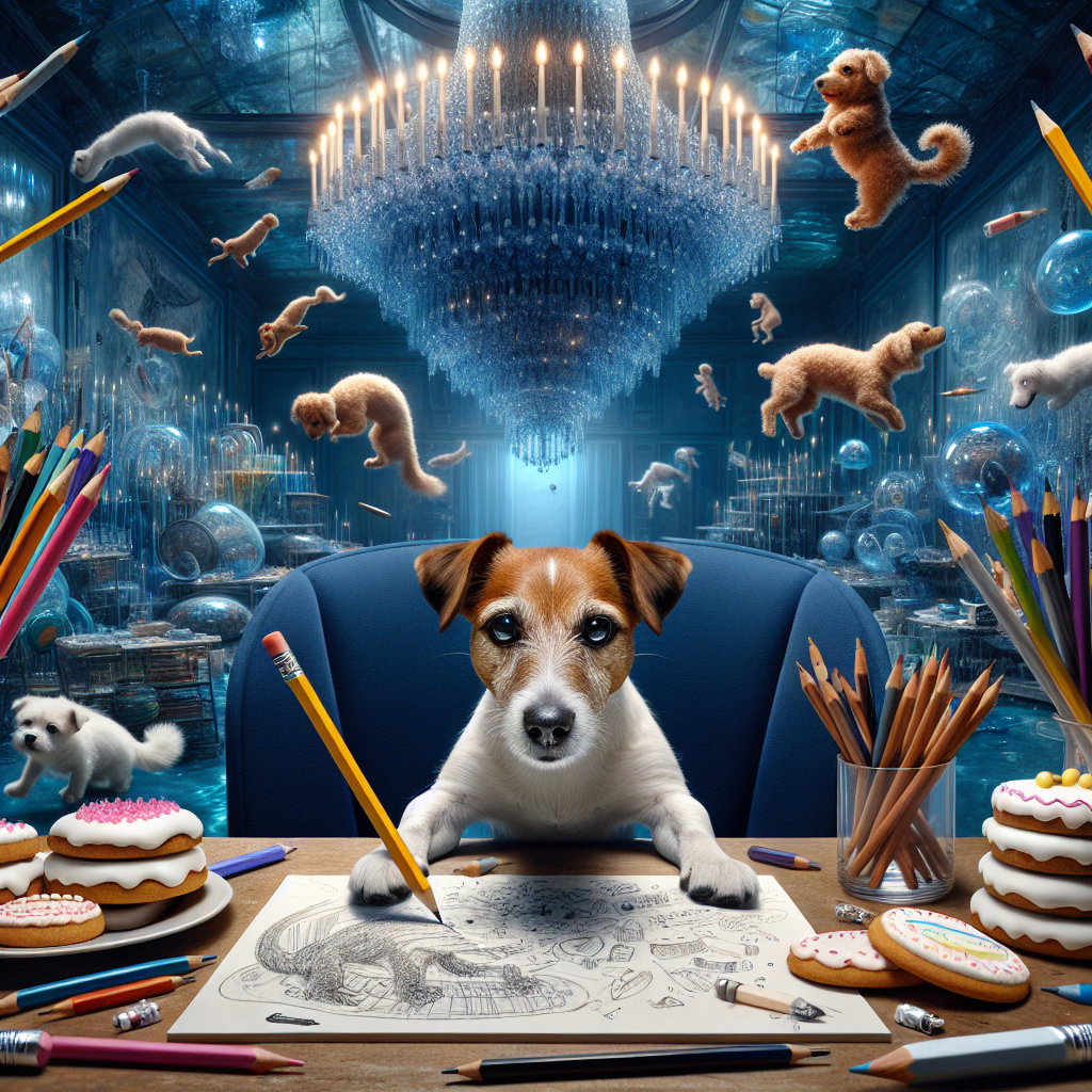 Imagine a surreal yet realistic birthday setting that brilliantly combines elements of everyday life with an artistic touch. In the center of the scene, there is a Jack Russell Terrier focused intently on a drawing table. A variety of pens surround the dog, and strangely, they appear to be sketching different birthday-related themes on the existing canvas on their own. Taking spectator's attention away from the pencils' strange behavior, a large, opulent blue glass chandelier hangs from the ceiling. The light that it refracts imbues the entire room with a soothing, undersea quality. Amidst the whirlwind of drawing activity, a plate of Lebkuchen cookies adorably designed to look like little birthday cakes are poised for consumption.
Generated with these themes: Jack russell terrier, Pens, Drawing, Blue glass, and Lebkuchen.
Made with ❤️ by AI.
