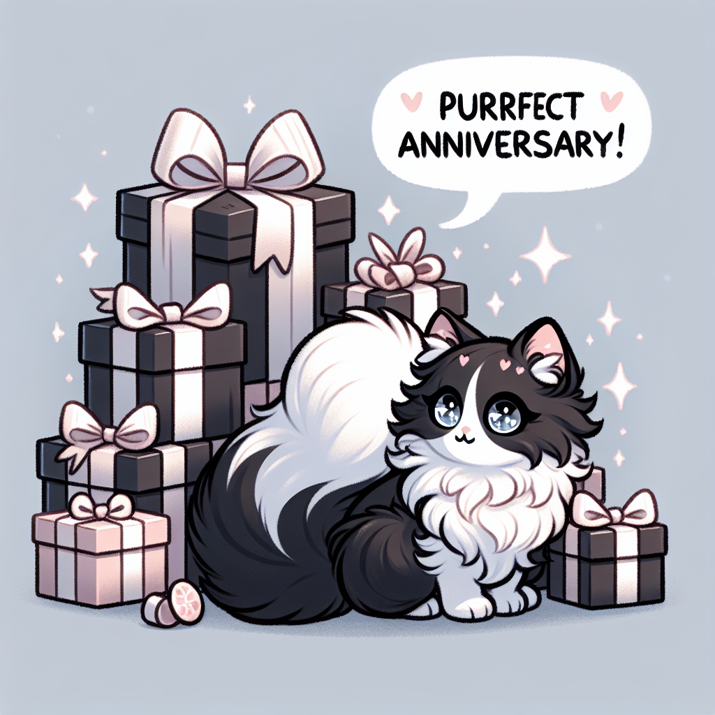 Create an adorable image of a black and white fluffy cat with sparkling eyes seated amongst a heap of anniversary presents. The tail of the feline is curled around one of the gifts. A speech bubble above the cat's head contains the phrase 'Purrfect Anniversary!' The overall color scheme for this cartoon-like illustration is soft and monochrome, providing a classic and sophisticated atmosphere to the scene.
Generated with these themes: Black and white fluffy cat.
Made with ❤️ by AI.
