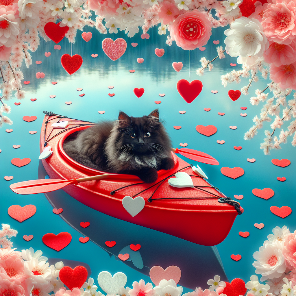 Create an enchanting image for Valentine's Day that showcases a fluffy black cat seated snugly within a vibrant red kayak adorned with crisp white hearts. Imagine the kayak smoothly drifting on a tranquil blue lake that is bordered by pastel pink and bright white blossoms, imbuing the environment with an unmistakable aura of love and celebration.
Generated with these themes: Black cat, and Kayak.
Made with ❤️ by AI.