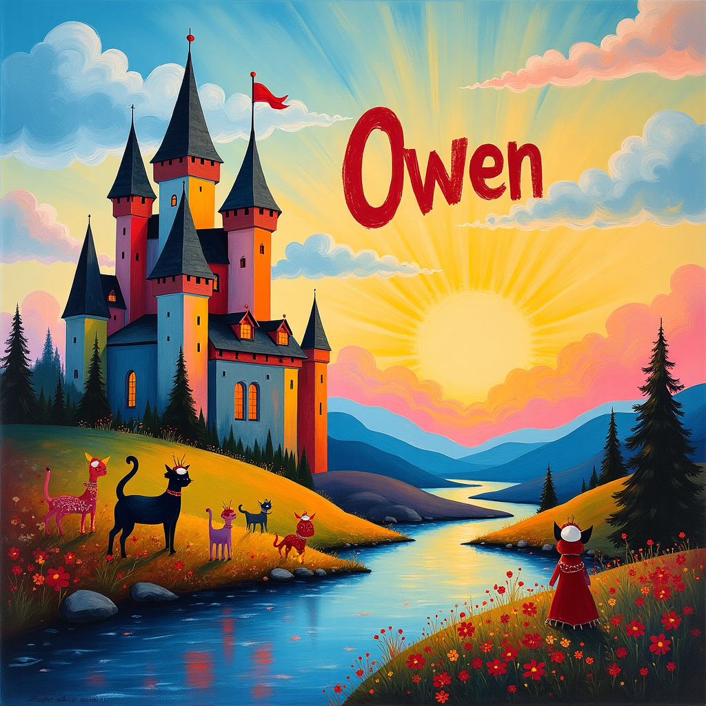 Imagine a whimsical landscape where the sky is an abstract explosion of colors reminiscent of a Kandinsky masterpiece, with swirling lines and dots hinting at the first light of dawn. A majestic castle emerges from the rolling hills, its turrets painted in the geometric style of Mondrian, with vibrant blocks of primary colors giving it a playful, modern twist. Perched on the castle walls, a gathering of cats dressed in charming, tiny Viking helmets and cloaks add an endearing touch of whimsy. Each cat is uniquely marked with splashes and drips akin to a Pollock painting, their coats a riot of colors. In the foreground, a small river flows, its surface adorned with the fluid, layered brushstrokes reminiscent of Richter. The river meanders across the card, reflecting the vivid sunrise sky and the silhouette of the castle. Above this enchanting scene, fluffy clouds form the letters "Owen," written in a Miró-inspired playful script, as if the sky itself is celebrating the arrival of this new little adventurer. The entire composition is framed with soft pastel hues, echoing Rothko’s serene yet vibrant color fields, creating a dreamy backdrop for this tale of new beginnings.
Generated with these themes: Castle, Sunrise, Cats, and Viking.
Made with ❤️ by AI.