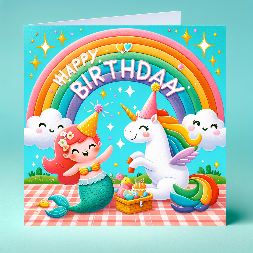 An image of a vibrant and whimsical birthday card that displays a playful scene. A cheerful mermaid, equipped with a party hat, and a smiling unicorn, attempting funnily to wear a hat too, can be seen enjoying a picnic under a vast, multicolored rainbow. Fluffy clouds are scattered throughout the background, alongside minimal gleaming spots, hinting a magical ambiance of celebration.
Generated with these themes: Mermaid, Unicorn, and Rainbows.
Made with ❤️ by AI.