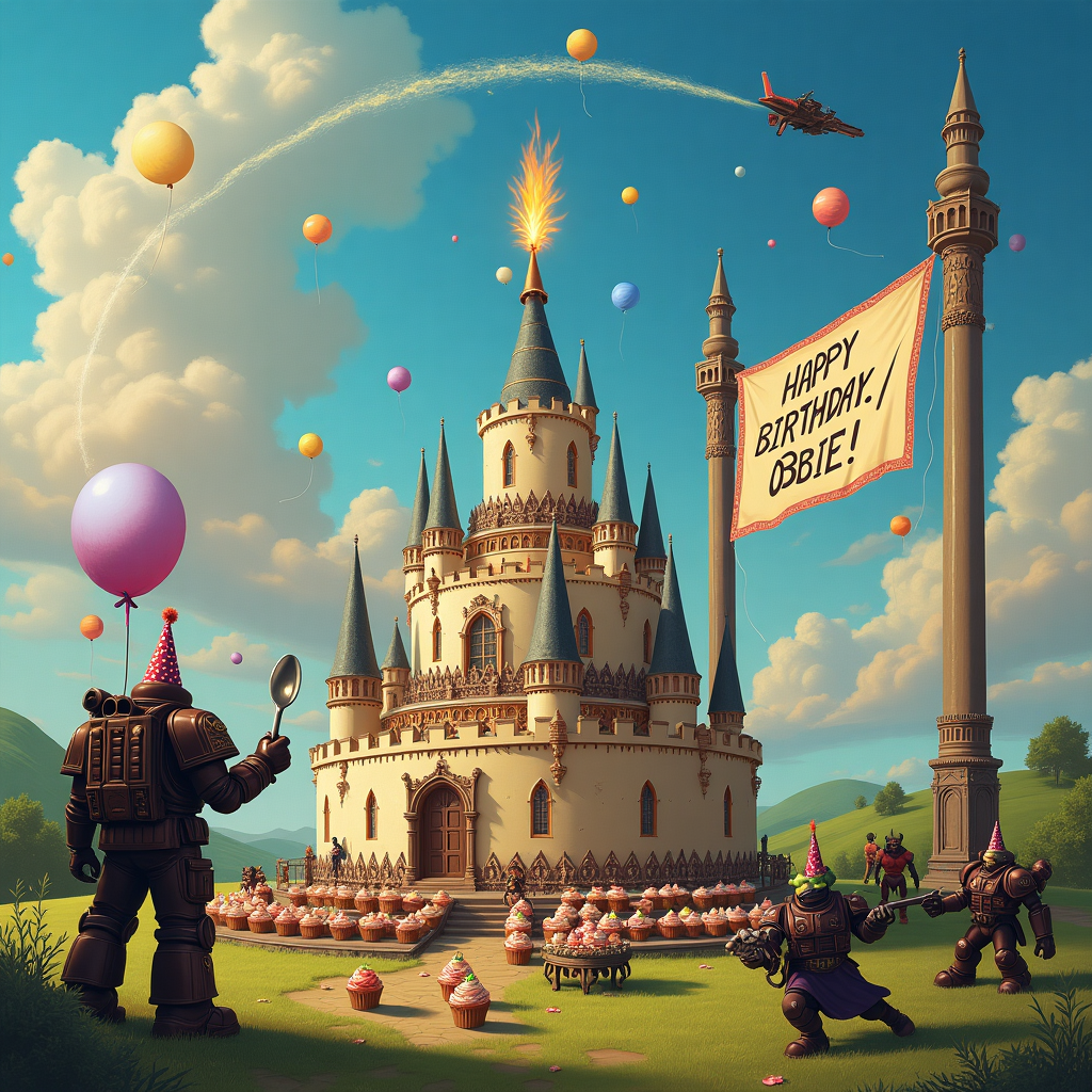 In a whimsical mashup of Warhammer 40,000 and a birthday party, envision a vibrant battlefield transformed into an eccentric birthday celebration for Obie. Picture a lush, rolling landscape under a fantastical sky inspired by Maxfield Parrish's ethereal hues. The scene features a gigantic cake resembling a fortress, complete with intricate gothic spires and turrets reminiscent of the Warhammer universe, topped with a candle shaped like a mighty Space Marine helmet. Gathered around this fortress-cake are quirky characters: a Space Marine in a party hat wielding a giant spoon, a cheerful Ork wearing a polka-dotted bowtie, and a jolly Tyranid sporting a birthday sash. The air is filled with balloons designed like tiny planets orbiting the scene, and a squadron of Imperial Guard toy soldiers march in formation across a table set with vibrant cupcakes decorated to look like miniature battlefields. Obie's name is emblazoned in skywriting above, a playful contrail left by a miniature Thunderhawk gunship, ensuring that the birthday greetings soar across the heavens. In the distance, a grand banner hangs between two towering gothic obelisks, reading "Happy Birthday, Obie!" in ornate, Warhammer-style lettering, echoing the intricate line work of Aubrey Beardsley.
Generated with these themes: Warhammer 40,000.
Made with ❤️ by AI.