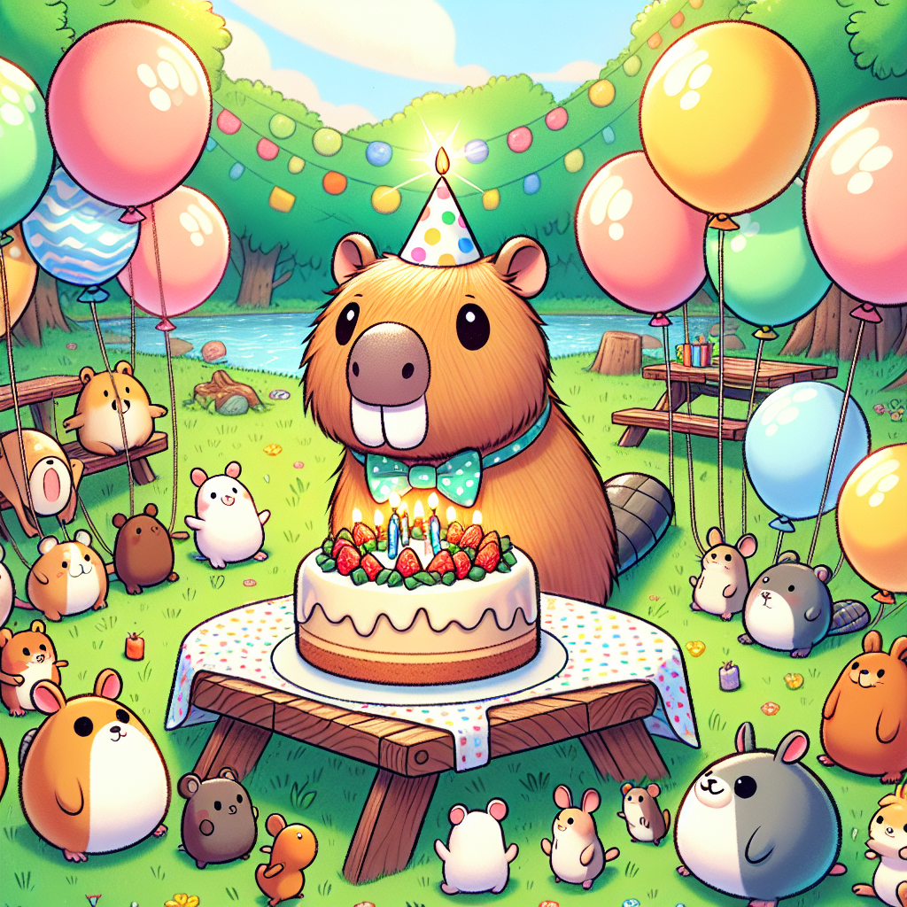 Draw a sweet and cartoon-like birthday scenario where a whimsical Capybara character, dressed in a polka dot bow tie, is the centerpiece. This Capybara is surrounded by a menagerie of friendly animal companions in a circle. The surroundings are vibrant and uplifting, strewn with numerous balloons, all designed like different animals and linked up by motifs resembling Wago connectors. The main attraction of this setting is an appealing birthday cake, crowned with a tiny replica of the Capybara, who holds a lit birthday candle in hand. The cake is placed on a picnic table, draped in a cloth dotted with polka patterns, situated in the midst of a verdant green background of a park bathed in sunlight.
Generated with these themes: Capbara, and Wago connector.
Made with ❤️ by AI.