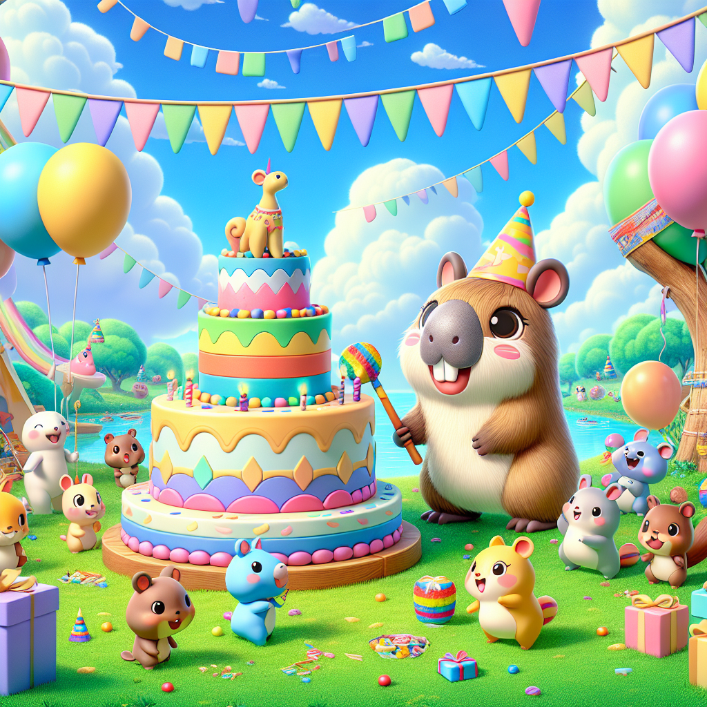 Depict a joyous, charming cartoon-themed birthday party taking place in an energetic, green meadow under a brilliant azure sky graced with plump clouds. In the heart of the event rests a tall, multicolored birthday cake adorned with an endearing Capybara figure wearing a merry party hat. Various charming cartoon animals from different species are seen mingling around the cake, participating in the celebration. Pastel-hued balloons and streamers dress up the background, while a one-of-a-kind pinata, inspired by the design of a Wago connector, sways from a tree branch, waiting to spill its hidden sweets.
Generated with these themes: Capbara, and Wago connector.
Made with ❤️ by AI.