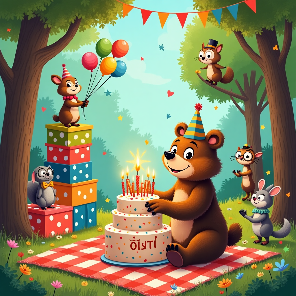 On the front of the birthday card, picture a bustling, whimsical forest where the trees wear party hats and their branches are decorated with colorful bunting. In the foreground, Толян, a mischievous bear with a fluffy fur coat, is the star of the show. He’s sitting cross-legged on a vibrant red and white checkered picnic blanket, holding a huge, polka-dotted birthday cake adorned with lit candles that spell out "С ДР!" in Cyrillic letters. Толян’s eyes are wide with excitement, and a cheeky grin spreads across his snout.

Around him, a lively cast of woodland friends gathers to celebrate. To the left, a curious squirrel with an oversized bow tie balances on a tall stack of gift boxes, each wrapped in bright, clashing patterns that make them pop against the forest greens. Behind Толян, a pair of rabbits dressed as clowns are engaged in a playful juggling act with colorful balloons shaped like stars and hearts.

In the background, a parade of marching ants carry tiny party streamers, while a wise old owl perches on a tree branch, wearing a pair of comically large, round spectacles and a tiny graduation cap, observing the antics with bemusement. The forest floor is strewn with confetti and vibrant wildflowers, completing this lively and unique birthday celebration.
Generated with these themes: Толян, С ДР!.
Made with ❤️ by AI.