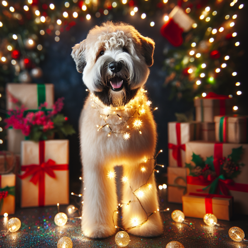 Amid the Christmas cheer, a stout Soft Coated Wheaten Terrier, with its fluffy cream coat, stands out with a jolly expression, its eyes gleaming like holiday lights. The dog is set against a whimsical Christmas scene, complete with gifts, mistletoe, and a string of colorful lights draping softly around it.
.
Made with ❤️ by AI.