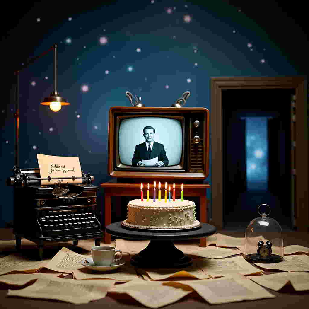 In the foreground, a vintage television set from the 1960s with rabbit ear antennas sits on a wooden table. On its flickering black-and-white screen is the unmistakable figure of Rod Serling, poised to speak, holding a script. 

Directly behind the TV, a small round table holds a classic birthday cake with white frosting and brightly colored candles, meticulously arranged in a spiraling pattern. The cake’s edge is adorned with small silver edible beads that catch the light. On top of the cake, a banner with the name "John" is spelled out in delicate chocolate script. 

To the left, a typewriter with a sheet of paper halfway through the roller reads: "Submitted for your approval," a nod to Serling's iconic line, typed in elegant Courier font. A ceramic coffee cup, half-full, rests beside it, a thin wisp of steam rising. 

The background is a twilight sky, awash with a galaxy of stars, shimmering in various hues of blue and purple. Against this celestial canvas, a vintage microphone hangs from above, suspended as if waiting for its cue. 

The ground is carpeted with pages torn from a script, each one yellowed and crinkled, scattered as if by a gentle breeze. A small glass dome encloses a pocket watch, its hands frozen at the stroke of midnight. 

At the very back, a doorway stands ajar, its frame cast in shadow, leading into an unseen realm. From within, the faint glow of an old-fashioned lamppost hints at an otherworldly presence. 

Each object in this intricate scene is rendered with lifelike detail, as if plucked from a surreal, yet tangible reality.
Generated with these themes: rod Serling.
Made with ❤️ by AI.