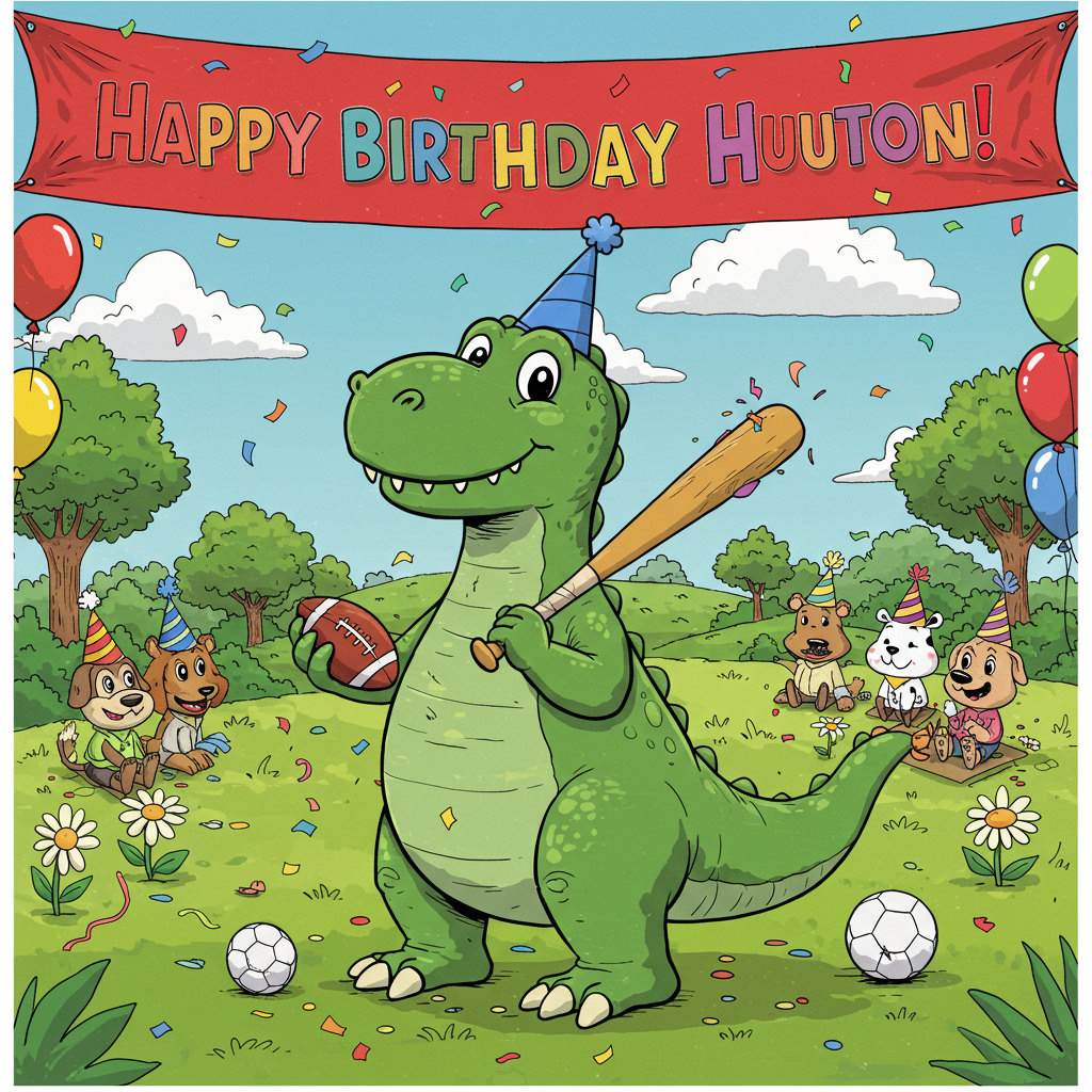 Front and center, a large, green dinosaur stands with an exaggeratedly friendly smile, wearing a bright blue party hat tilted jauntily to the side. Its eyes are wide and comically large, reminiscent of classic Disney animations. The dinosaur’s body is textured with playful scales drawn in a comic style akin to Bill Watterson's fluid line work, but with a little more volume like in Osamu Tezuka's manga characters. 

In one tiny, cartoonish hand, the dinosaur holds a small red football, balancing it precariously on a claw. In the other, it grips a baseball bat that's far too large for it, adding a humorous touch. The bat is a bold yellow, clashing playfully against the green of the dinosaur's skin.

Behind the dinosaur, a backdrop inspired by Hergé’s clean, colorful Tintin environments displays a vibrant, grassy field peppered with oversized daisies and cartoonish trees with exaggerated, round tops. In the sky, fluffy, whimsical clouds à la Winsor McCay's dreamlike style, are depicted in soft pastel shades, making the scene feel animated and lively.

A bright red banner, fluttering overhead like something out of a R. Crumb comic strip, reads "Happy Birthday Houston!" in bold, thick lettering. Each letter is a different color, ranging from vibrant purples to sunny yellows, creating a striking rainbow effect that catches the eye immediately.

In the background, a little gang of cartoon animals—maybe a dog, a cat, and a bird—sit on the sidelines, each wearing their own party hats, clearly cheering for the dinosaur's sporting attempts. These critters are drawn with exaggerated, funny features, taking a page from Gary Larson's playbook, adding a little more comic chaos to the scene.

The ground is littered with colorful confetti and balloon strings, making the scene feel busy and alive, as though the party has just erupted into an explosion of color and fun, inspired by the likes of Will Eisner's expressive graphic novel style.
Generated with these themes: Dinosaur, football, baseball, green.
Made with ❤️ by AI.