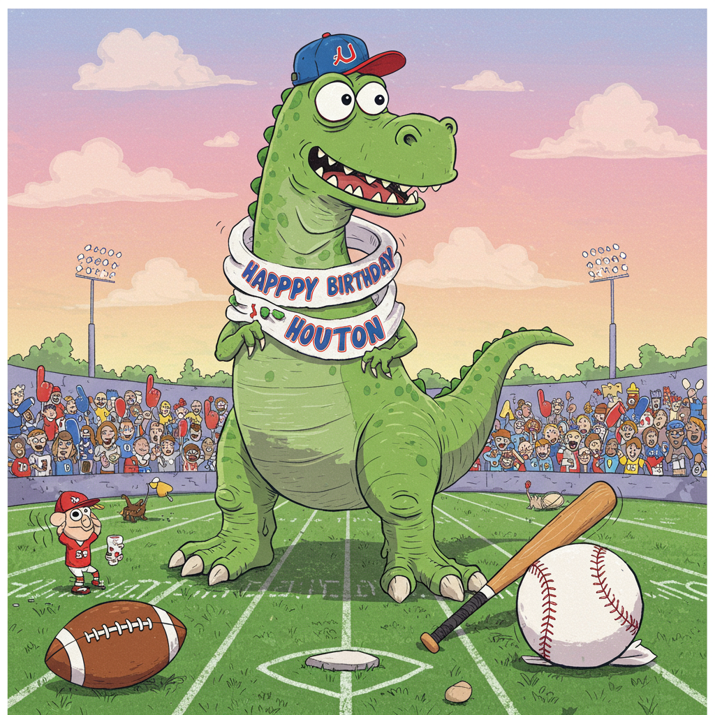 The front cover of the greeting card bursts into view with a vibrant, cartoon-style scene full of whimsy and exaggeration. A towering, bright green dinosaur stands center stage, its gigantic feet stomping on a sprawling football field. The dinosaur, with googly eyes and a toothy grin, is adorned with a comically tiny blue and red baseball cap perched atop its head, reminiscent of a scene straight out of Gary Larson's playful imagination.

Around the dinosaur's neck, a banner is comically draped, reading "Happy Birthday Houston" in bold, cheerful yellow letters with a red outline, as if the letters themselves are celebrating the occasion. The letters have a bouncy, animated quality, almost as if they’re dancing in the breeze.

To the left of the dinosaur, a football spins mid-air with exaggerated speed lines, while on the right, a baseball bat, appearing oversized compared to the dinosaur’s tiny arms, lies humorously at its feet. The baseball itself hovers in the air, seemingly defying gravity, casting a comical shadow on the ground.

The background is a pastel explosion, featuring a sky painted with soft pinks and purples reminiscent of a sunset, transitioning into a vibrant green that matches the dinosaur’s skin, creating a seamless flow across the card. The ground is a checkerboard of grassy greens and chalk-white lines, depicting a field that serves as the dinosaur's playful playground.

In the background, tiny, cartoonish spectators, resembling a mix of Schulz's Peanuts gang and Eisner’s animated figures, cheer wildly with exaggerated expressions, some holding oversized foam fingers pointing skyward, their colors a palette of reds, yellows, and blues.

The entire scene is framed with a subtle comic book panel edge, giving a nod to the classics of Watterson and Eisner, creating a dynamic, whimsical scene that captures the chaos and fun of a birthday celebrated through the quirky antics of a football-playing, baseball-loving dinosaur.
Generated with these themes: Dinosaur, football, baseball, green.
Made with ❤️ by AI.