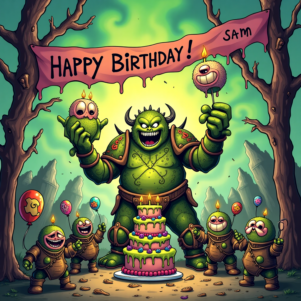 **Front Cover Description:**

*Scene Overview:*
A whimsical and chaotic birthday scene blends cartoonish delight with the chaotic theme of Warhammer's Nurgle. Imagine a vibrant battlefield turned birthday party, where the traditional joy of celebration merges with the grotesque charm of Nurgle, creating a curious and captivating birthday card cover.

*Central Characters:*
- **Nurgle's Champion:** At the forefront, a cartoonish representation of a Nurgle champion, adorned with exaggeratedly oversized armor covered in bright green ooze and cartoonish boils that pop out humorously. The armor is a kaleidoscope of slime greens and rusted bronzes.
- **Plaguebearers:** Surrounding the champion are smaller, pudgy plaguebearers, comically juggling cupcakes that ooze multicolored icing. Their wide, dopey eyes and goofy grins add a playful touch.

*Birthday Elements:*
- **Birthday Cake:** At the scene's center is a towering cake, made from layers of what appear to be green and brown "muck" with animated flies buzzing around. The cake is topped with wriggling worm-shaped candles.
- **Banner:** Above, a tattered banner hangs between two gnarled branches, with "Happy Birthday" written in gooey letters. In the bottom right corner of the banner, "Sam" is scrawled in a vibrant, graffiti-like style.

*Background Details:*
- **Environment:** The backdrop is a vivid, cartoon-style rendering of a whimsical battlefield. The sky is a sickly, swirling green and purple, reminiscent of a chaotic storm.
- **Party Decorations:** Scattered around are colorful yet slightly gross party decorations, like balloons in the shape of bloated, grinning Nurgle faces and streamers that look like chains of tiny green germs.

*Artistic Style:*
- Inspired by the playful yet detailed linework of Charles Schulz, combined with the chaotic whimsy of Bill Watterson. The colors are vibrant and bold, with an exaggerated comic strip feel reminiscent of Hergé's Tintin, creating a scene that's both grotesque and delightfully festive.
Generated with these themes: Warhammer, Nurgle, and Chaos.
Made with ❤️ by AI.