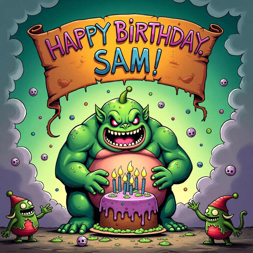 **Front Cover Description:**

**Scene Layout:**

- **Background:** 
  - The scene is set in a vibrant cartoon-style landscape, with a warped and chaotic twist reflecting the theme of Warhammer and Nurgle. The sky is a swirling blend of sickly greens and purples, reminiscent of a chaotic vortex, with dark clouds that have exaggerated, distorted expressions reminiscent of Nurgle's corrupted realm.

- **Central Figure:**
  - A large, cartoonish Nurgle daemon is the central figure, with an exaggerated potbelly, grinning mischievously. Its features are oversized and playful, akin to the bold lines and expressions in Gary Larson's work. The daemon is holding a massive, slimy cake with gooey green frosting, decorated with colorful but twisted candles that resemble mini Chaos symbols.

- **Foreground:**
  - Surrounding the Nurgle daemon, there are small, impish Nurglings with exaggerated features—big eyes, broad grins, and long arms waving in excitement, reminiscent of the style of Charles Schulz’s characters. These creatures are playfully scattering confetti, made of tiny skulls and multicolored spores, over the scene.

- **Banner:**
  - In the sky, a vibrant banner stretches across, with a frayed, chaotic design. In bold, cartoonish letters it reads, "Happy Birthday, Sam!" The letters are adorned with miniature Warhammer Chaos symbols, integrated into the colorful, cartoonish typography, much like the playful fonts seen in Will Eisner's graphic novels.

**Details:**

- **Color Palette:**
  - A mix of muted yet vibrant colors, with a focus on greens, purples, and browns to maintain the Nurgle theme, but with splashes of bright, contrasting colors—yellows, blues, and reds—in the confetti and cake to add a celebratory feel.

- **Additional Elements:**
  - In the background, whimsical, cartoon-like Chaos Marines are subtly incorporated, with oversized helmets and tiny, exaggerated weapons. They are shown in a playful manner, like characters from Osamu Tezuka's work, seemingly part of the birthday celebration rather than a battle.

- **Ground:**
  - The ground is a patchwork of distorted, colorful tiles, inspired by the surreal landscapes of Winsor McCay’s Little Nemo, adding a dreamlike quality to the chaotic birthday scene.

This card merges the chaotic and grotesque with the playful and whimsical, creating a uniquely entertaining birthday greeting for a fan of Warhammer's Nurgle theme, designed in a light-hearted, cartoonish style.
Generated with these themes: Warhammer, Nurgle, and Chaos.
Made with ❤️ by AI.