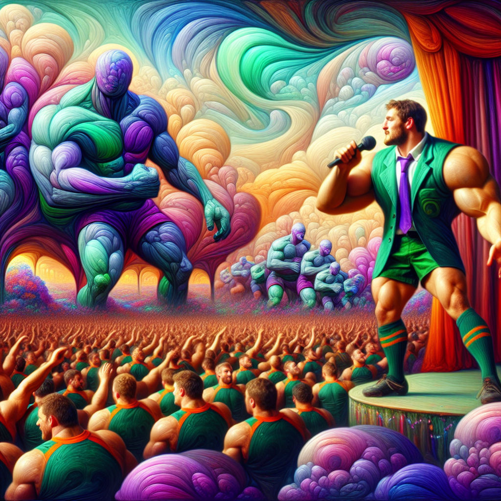 In a whimsical dreamscape, the scene portrays a grand anniversary celebration. At the heart of it all, a man with a build similar to a comedian takes centre stage, a microphone in hand, as he delivers lighthearted jokes. The audience is composed of muscular athletes, presumably rugby players, their jerseys morphing into a sea of deep, velvety purples and greens. The sky transforms into a tapestry of vibrant colors - a fascinating sight as if painted with the texture and shapes of melted chocolate bars, their iconic chunks forming the clouds.
Generated with these themes: Jerry Seinfeld , Wigan Warriors, and Yorkie chocolate bar.
Made with ❤️ by AI.