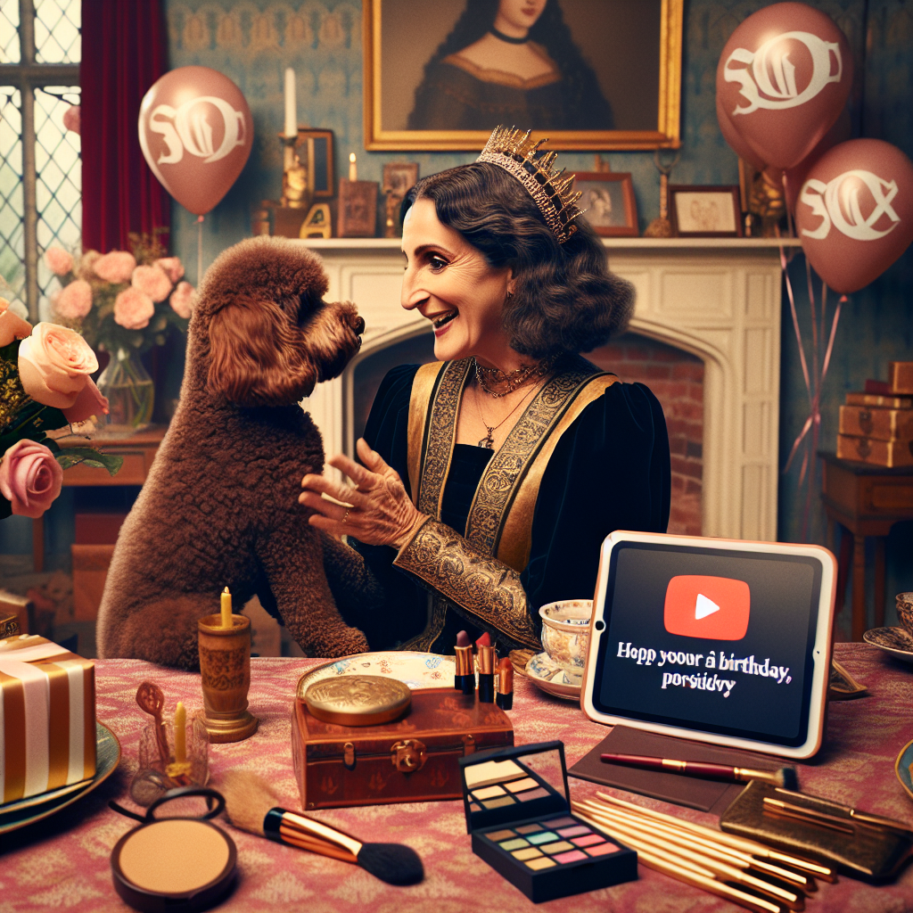 Imagine a warm, intimate birthday party. The scene captures you as a caring aunt, engaging in joyful discussions, with a brown cockapoo named Ruby at your feet, receiving the love of the family present. The setting reflects the birthday person's preferences, with subtle nods to the historical vibe of 'Six the musical' seen in the Tudor-inspired table arrangements and banners. An elegant, gothic-style makeup set adds an unusual touch, placed among the presents. Balloons carrying the logo of a popular video-sharing platform float above, a tribute to the birthday person's love for the app.
Generated with these themes: Their aunt (me), Their dog, Ruby, who is a brown cockapoo, Six the musical, Make up, Wednesday addams, and Tik tok.
Made with ❤️ by AI.