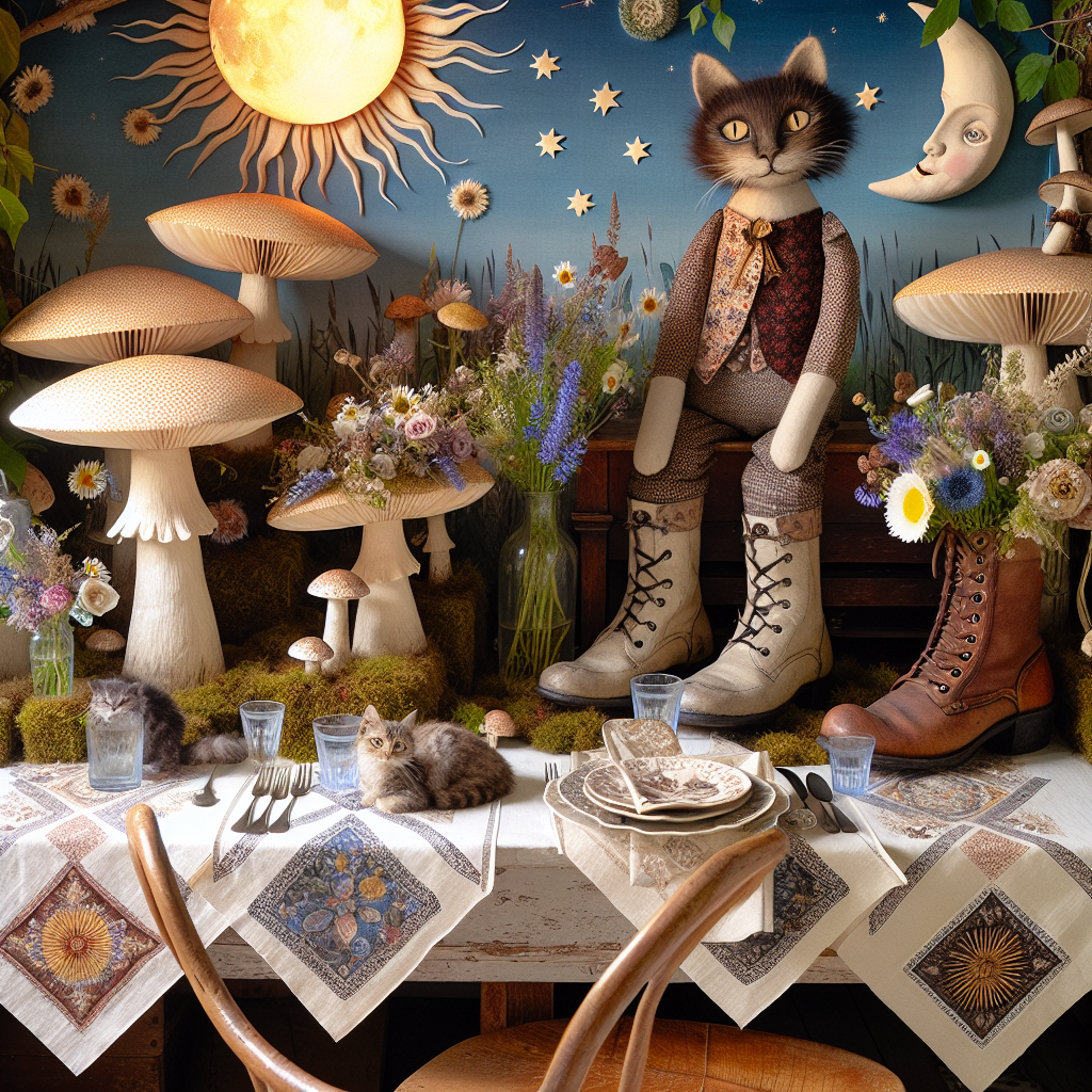 An enchanting scene represents a birthday party with a blend of nostalgia and natural whimsy, under the soft glow of both a sun and a moon. Cats, resembling vintage-dressed ragdolls, lounge atop old-fashioned furniture, silently observing guests interact. Unconventionally, oversized mushrooms emerge in nooks, their caps contributing to a fairy-tale atmosphere, while pairs of well-worn boots act as unique flower vases packed with wildflowers. Each detail, including intricately designed sun and moon motifs on the napkins, works together to mark the passing of time and commemorate the delight of another year.
Generated with these themes: Ragdoll cats, Sun and moon, Mushrooms, Vintage clothing, and Dr martens.
Made with ❤️ by AI.