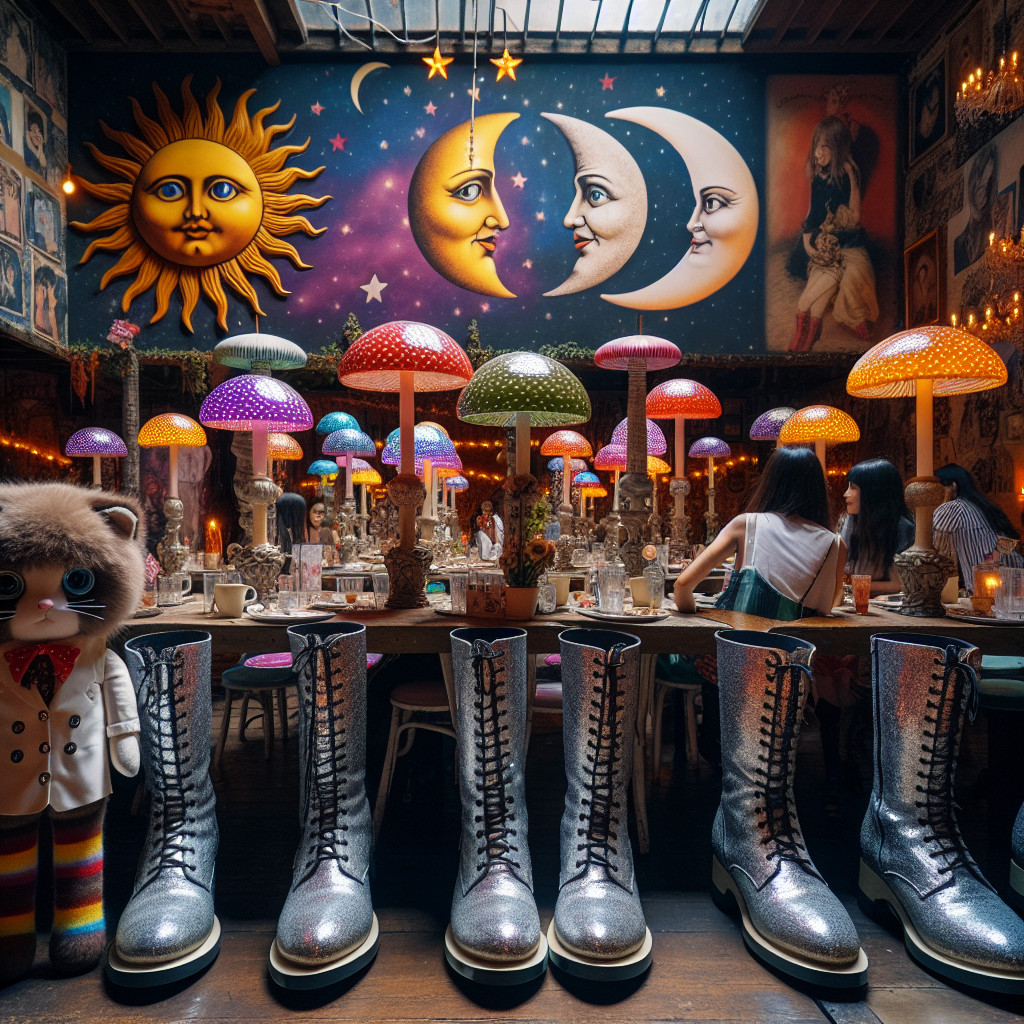 A lively birthday venue filled with an unusual blend of decorations. Ragdoll cats dressed in retro attire are positioned near the entrance, their calm expressions contrasting with the vibrant images of the sun and the moon depicted on opposite walls of the venue. Towering whimsical mushroom-shape centerpieces are placed over each table, casting faint shadows in the subdued lighting. Visitors are scattered throughout the room, admiring a series of shiny, edgy-looking boots that sit in multiple locations, adding a sense of quirkiness to the overall old-fashioned aesthetic.
Generated with these themes: Ragdoll cats, Sun and moon, Mushrooms, Vintage clothing, and Dr martens.
Made with ❤️ by AI.