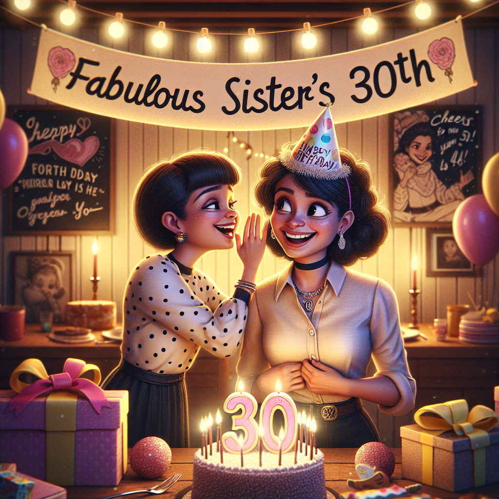 Visualize a warm and intimate birthday scene, designed specially for a sister's 30th birthday. The top part features a banner declaring 'Fabulous Sister's 30th,' illuminated by the soft glow of fairy lights. Underneath this banner, a caricature of two sisters can be seen: an Hispanic younger sister mischievously pointing towards the number '30' on a polka-dotted party hat worn by her Caucasian elder sister, who's chortling at the secret being whispered into her ear. The area around them is filled with presents, balloons, and a chalkboard sign that proclaims 'Cheers to 30 Years.'
Generated with these themes: Sister, and 30th.
Made with ❤️ by AI.