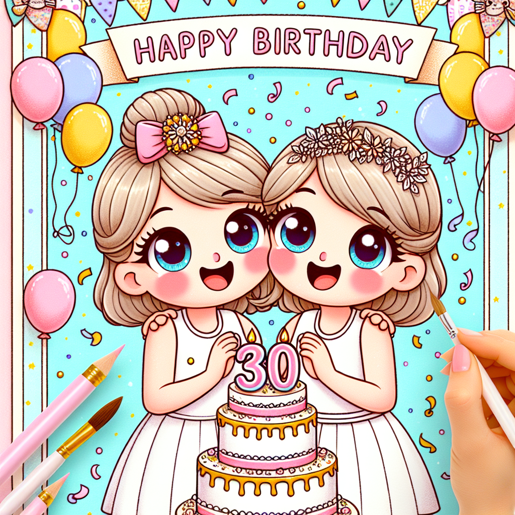 Create a whimsical image on a pastel-colored backdrop featuring cheerful birthday decorations. In the forefront, draw two cartoon-style characters who are sisters. One is visibly older and wears a sash with 'Happy 30th' written on it. Both are surrounded by confetti, balloons, and prominently display a large cake with 'Sister's Day' frosting. Their broad smiles, sparkling eyes, and holding hands gesture emphasize the warmth and joy of this celebration.
Generated with these themes: Sister, and 30th.
Made with ❤️ by AI.