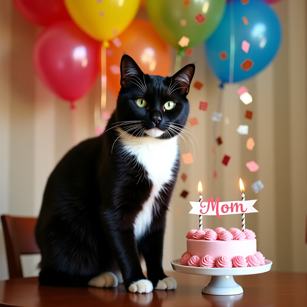 Front and center, perched atop a richly detailed wooden dining table, is a regal Tuxedo Cat. Its fur is sleek and glossy, a perfect contrast of black and white. The white fur forms an immaculate "shirt" across its chest, while the rest of its body is cloaked in inky black. The cat's eyes, bright and inquisitive, are a stunning shade of emerald green, glinting under the soft, ambient light of the room. 

Behind the cat, the backdrop is a jubilant explosion of colorful balloons, each one boasting a different vibrant hue: crimson red, azure blue, sunshine yellow, and a vivid violet. The balloons are clustered together, some floating gently upwards, their glossy surfaces reflecting the surrounding light.

Amidst this celebratory chaos, streams of confetti cascade down from the ceiling, captured mid-fall. The confetti is a medley of shapes—stars, circles, and squares—each glistening with metallic shimmer, capturing hues of gold, silver, and iridescent pink.

To the right, a small, round cake sits on a pedestal stand. The cake is decorated with smooth, pastel pink frosting, delicately piped into swirling rosettes. The crowning glory is a tiny banner arching over the top, with the word "Mom" elegantly scripted in bold, playful letters. The banner is strung between two miniature candle sticks, each holding a single, lit candle.

The backdrop is a warm, welcoming beige wall, adorned with subtle vertical stripes, providing a neutral canvas that highlights the vividness of the birthday scene. 

Every detail is crafted with lifelike precision, creating a harmonious, delightful visual celebration of a mother's birthday.
Generated with these themes: Tuxedo Cat, Balloons, and Confetti.
Made with ❤️ by AI.