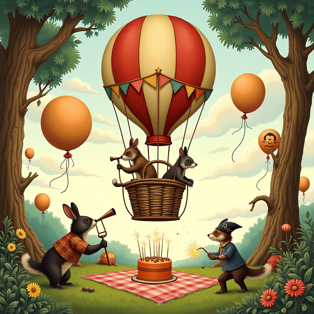 In the center of the card, we find a quirky, whimsical scene inspired by the dreamlike quality of Maxfield Parrish and the playful lines of Quentin Blake. Imagine a vintage hot air balloon, extravagantly decorated with bunting and patchwork fabrics reminiscent of Arthur Rackham's enchanting textures. The basket beneath it is comically overflowing with a cluster of animated, anthropomorphic animals – a dapper rabbit in a waistcoat, reminiscent of Beatrix Potter's characters, is using a telescope to scout the horizon. Beside him, a portly raccoon clad in a vest is precariously balancing a towering birthday cake adorned with sparklers.

Below them, an Edward Gorey-style garden party is in full swing on the ground. Guests, dressed in the whimsical attire of Maurice Sendak's wild imagination, are enjoying a picnic on an ornate, oversized blanket spread across the grass. A majestic oak tree, with its bark finely detailed like in Gustave Doré's illustrations, is adorned with strings of bright, floating balloons, each painted with a unique and quirky face. 

In the background, under a sky tinted with the vibrant hues of a Parrish twilight, children play games. One child is trying to capture a runaway balloon with a butterfly net, while another, wearing a pirate hat, is guiding a miniature toy ship through a puddle as if navigating the high seas. Surrounding this playful chaos, lush foliage and flowers, drawn with the meticulous care of Aubrey Beardsley, frame the scene, offering a border of intricate natural beauty. This card cover is a lively celebration of birthday magic, with every element playfully contributing to the narrative of fun and festivity.
Generated with these themes: balloons.
Made with ❤️ by AI.