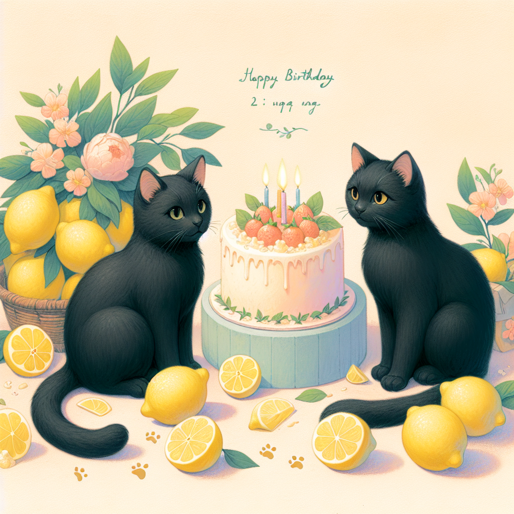 Imagine a soft pastel scene featuring two black cats at the center. These felines are surrounded by a group of fresh, vibrant lemons that provide a striking contrast with their dark coats. Nestled nearby is a tastefully decorated birthday cake, showing the signs of delicate icing. There's a hint of playful mischief in the air, illustrated by a trail of paw prints leading from the cats to the brightly colored lemons. Conjure up this charming birthday illustration, where the protagonists share a sweetly mischievous moment with a celebration cake and fresh lemons.
Generated with these themes: 2 black cats , and Lemons.
Made with ❤️ by AI.