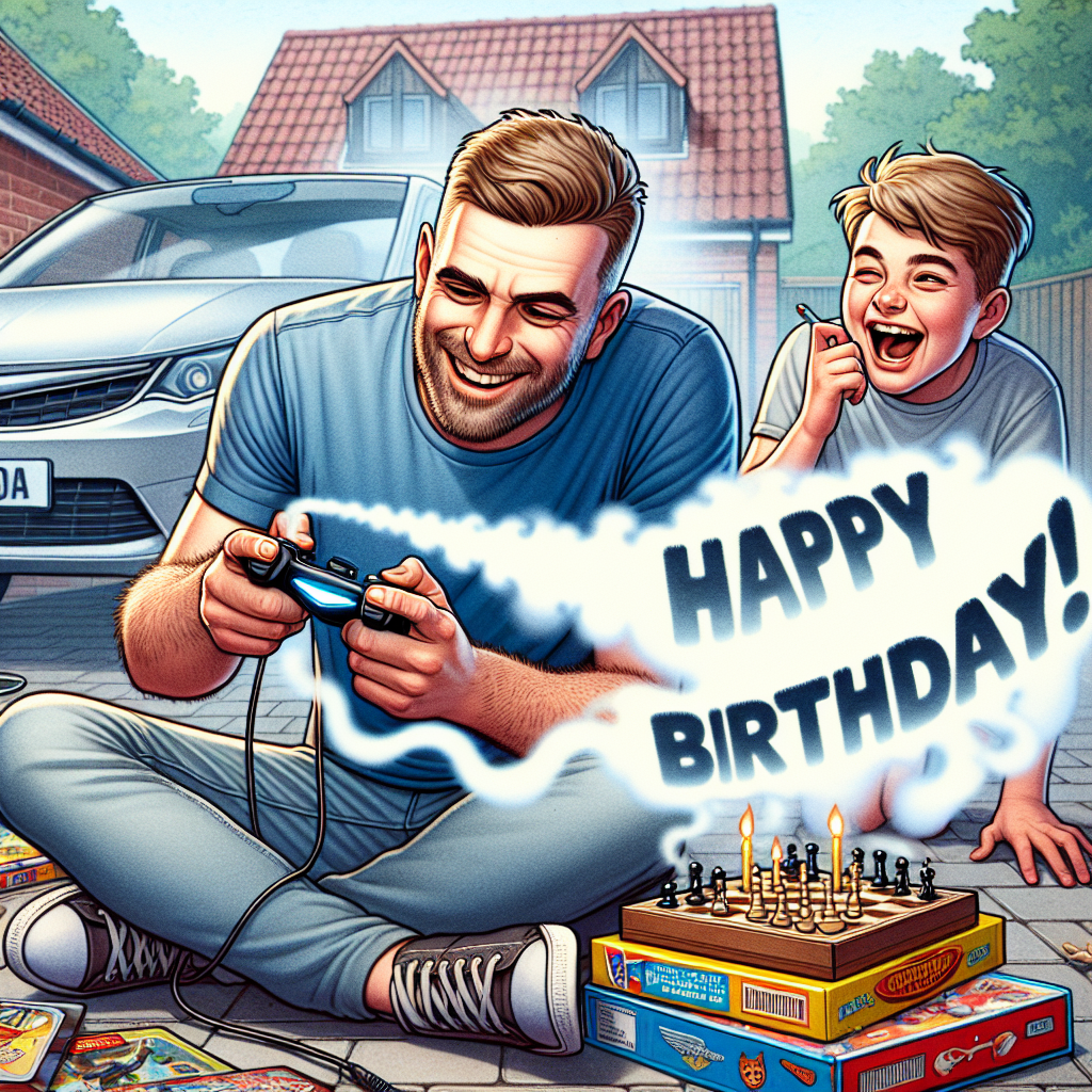 Playing on xbox, Nissan juke white, Father young blond boy, Clean shaven short hair, Vape, and Board games Birthday Card