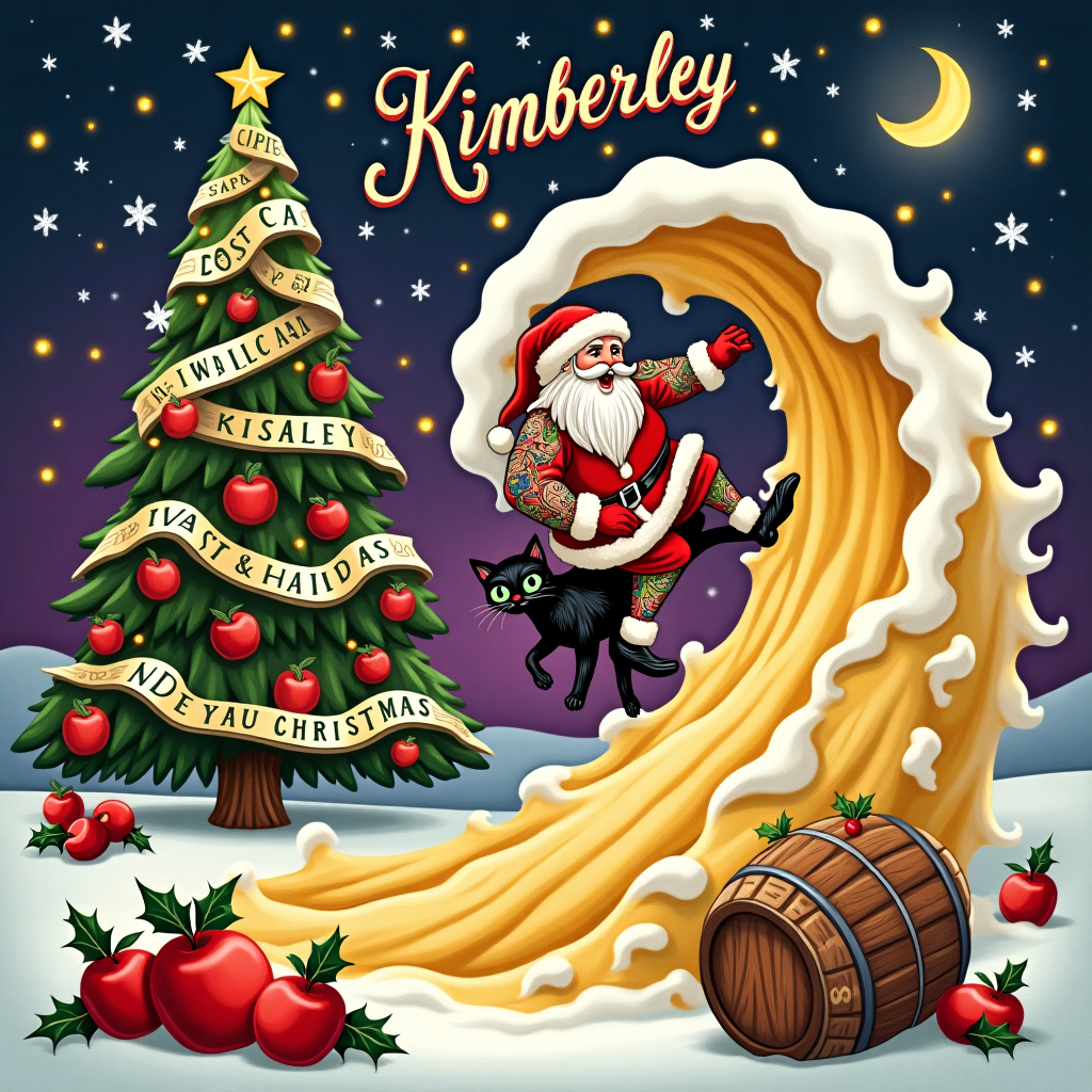 In this whimsical and surreal Christmas card design, the scene unfolds in a dreamlike winter landscape, where a tattooed Santa Claus rides a giant, frothy wave of golden cider, his beard swirling like the foamy crest. Santa's arms are adorned with intricate tattoos of snowflakes and festive ornaments, each inked with vivid colors reminiscent of stained glass. His trusty sidekick, a sleek black cat with piercing emerald eyes, perches confidently on his shoulder, wearing a tiny Santa hat tilted at a jaunty angle. In the foreground, a cluster of cider barrels decorated with holly and mistletoe sit half-submerged in the bubbling cider wave, their labels featuring ornate designs of candy canes and reindeer.

A towering Christmas tree made entirely of cider apples stands majestically in the background, its branches adorned with twinkling fairy lights and tattooed ribbons that spiral around the trunk, each ribbon intricately illustrating traditional tattoo motifs like swallows and anchors, but with a festive twist. The sky above is an enchanting blend of deep purples and midnight blues, dotted with swirling snowflakes that appear to be dancing in a celestial ballet. The name "Kimberley" is artfully integrated into this magical sky, formed by a constellation of sparkling stars that shimmer and shine against the darkened canvas. A crescent moon, looking like a thin slice of glowing lemon, hangs serenely in the sky, completing this captivating and fantastical holiday scene.
Generated with these themes: Tattoos, Black cat, Christmas, and Cider.
Made with ❤️ by AI.