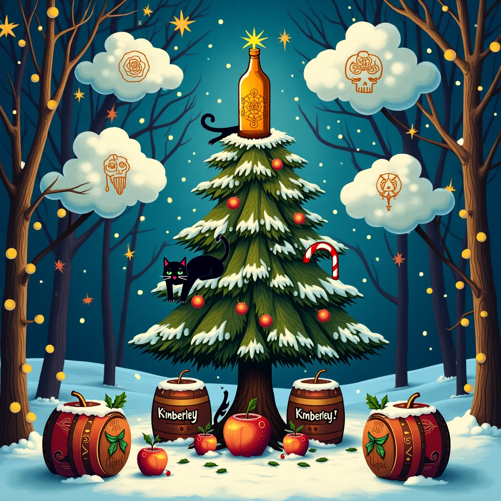 In this surreal Christmas vector scene, imagine a whimsical, snow-dusted forest clearing under a twilight sky that shimmers with shades of deep blue and violet. At the center stands a towering Christmas tree with branches intricately tattooed with traditional designs such as anchors, roses, and skulls in black and white, reminiscent of Patrick Seymour's detailed line work. Atop the tree, instead of a star, sits a golden cider bottle, with frothy bubbles spilling out like snowflakes.

A sleek black cat with emerald eyes lounges gracefully on a low branch of the tree, its tail curling into the shape of a candy cane. The cat's fur subtly mirrors the tattoo designs, as if it too is adorned with inked patterns. Surrounding the base of the tree are vintage cider barrels, painted with festive motifs of holly and snowflakes, inspired by Lisa Lopuck’s vibrant style.

To the left, a merry gathering of cider apples, each with tiny expressive faces, are joyfully toasting with miniature cider mugs. Their skin is painted with intricate tattoo designs, reflecting Cristiano Siqueira's bold graphic style. They seem to be in animated conversation, with apple cheeks glowing as if sharing warm holiday tales.

In the sky, large fluffy clouds in the shape of swirling mandalas, a nod to Matt W. Moore's geometric abstraction, float serenely. Hidden within these cloud patterns, the name "Kimberley" is cleverly incorporated, woven like a secret message within the swirling lines, waiting to be discovered by the observant eye.

The forest is alive with gentle whispers of wind that dance through the trees, their trunks wrapped with string lights in vibrant colors, adding a touch of Orlando Arocena's vivid color play. The scene is punctuated with the gentle falling of oversized snowflakes, each unique and detailed, cascading around this mystical Christmas tableau, crafting a story that blends tradition with whimsy and celebrates Kimberley in a magical way.
Generated with these themes: Tattoos, Black cat, Christmas, and Cider.
Made with ❤️ by AI.