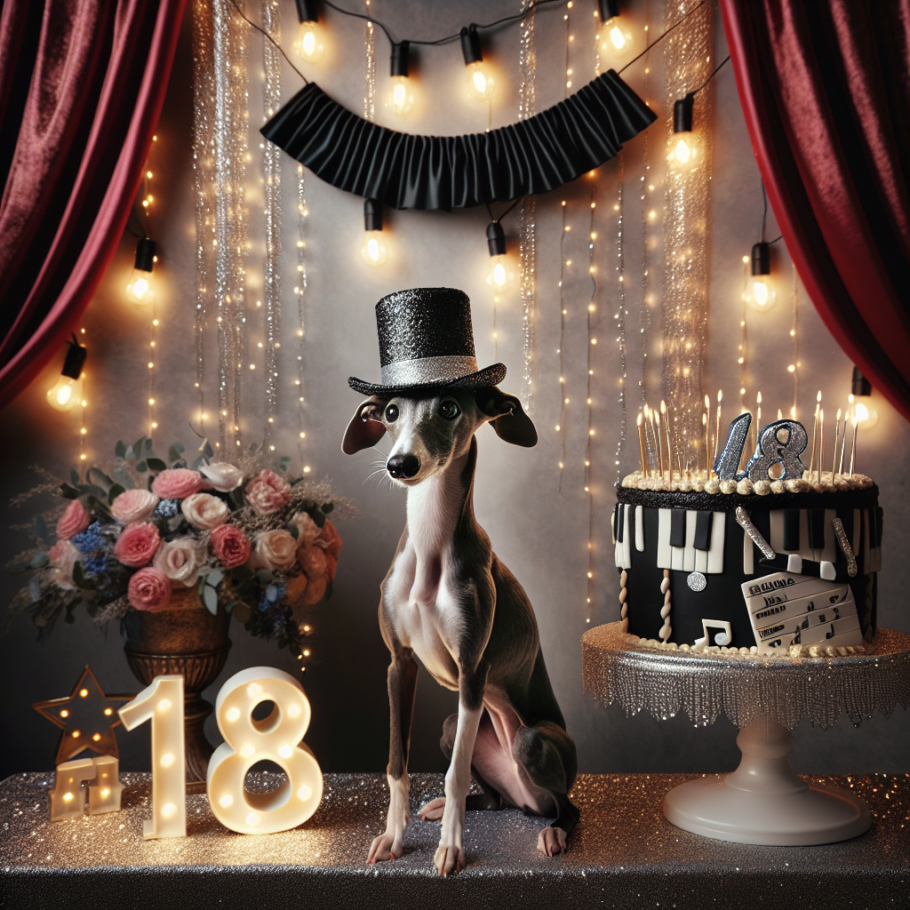Visualize a charming birthday celebration with a sleek Italian Greyhound as the guest of honor. The dog is adorned with a tiny, sparkling top hat that echoes the glamour of classic theatre productions. The setting is decorated with garlands in shades of black and silver, which are graceful draped across the room, twinkling with enchanting fairy lights. This color scheme is a tribute to the typical hues of the Greyhound breed. Dominating the scene is an elegant cake shaped like the number 18. The cake is further embellished with dramatic red curtains and musical notes, encapsulating the charm and vivacity of musical theatre.
Generated with these themes: Greyhound, Burlesque the musical, Musicals, Italian greyhound, and 18.
Made with ❤️ by AI.