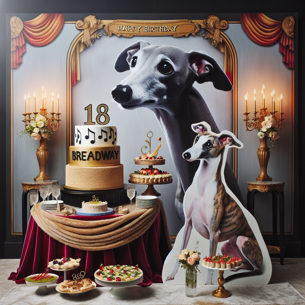 Craft an elegant birthday scene, steeped in theatrical charm and canine grace. Envision a life-size cutout of an Italian Greyhound stylized to resemble classic Broadway dancers, next to a grand cake decorated with the number 18 in a Broadway-style font, delicately adorned with edible musical notes. Plush velvet table runners, in a hue mimicry of a greyhound's coat, drape elegantly over tables filled with Italian-inspired appetizers. Let the scene be filled with the audible delight of showtunes, exalting the unique blend of life milestones, rhythmic melody, and the elegance of Italian Greyhounds.
Generated with these themes: Greyhound, Burlesque the musical, Musicals, Italian greyhound, and 18.
Made with ❤️ by AI.