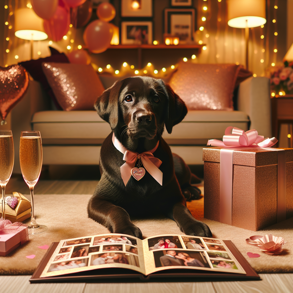 Imagine an intimate living room ambiance enhanced by soft amber lighting. The centerpiece is an adorable adult Labrador Retriever with a glossy black coat and warm brown eyes, comfortably resting on a plush rug. Around its neck is a pink ribbon with a tag that reads 'Love Forever.' Enhancing the room's aesthetic are various decorations, such as balloons and streamers. Foreground details include a splendidly wrapped gift box and a photo album brimming with memories, neighboring a pair of champagne flutes. The overall setting exudes an affectionate atmosphere fit for an anniversary celebration.
.
Made with ❤️ by AI.