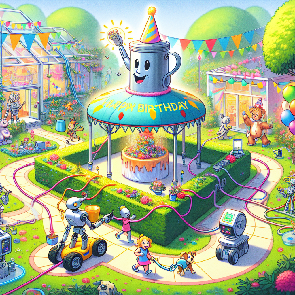 Imagine a lively birthday celebration where cartoon animals march in a merry procession through a domestically automated paradise. Fun-loving robots are seen meticulously trimming the hedges and planting vibrant flowers. An animated watering can, radiating a warm smile, attentively nurtures a flourishing garden. A matrix of trails intricately winds through this tech-integrated natural scenery, hosting cartoon characters strolling with their robot pets. The prominent festive highlight of this scene is a gadget-laden gazebo, colorfully adorned with balloons and streamers that react to clapping and voice inputs signifying the harmonious blend of technology, outdoor recreation, and household serenity.
Generated with these themes: Tech, Home Automation, Nature, Walking, and Gardening.
Made with ❤️ by AI.