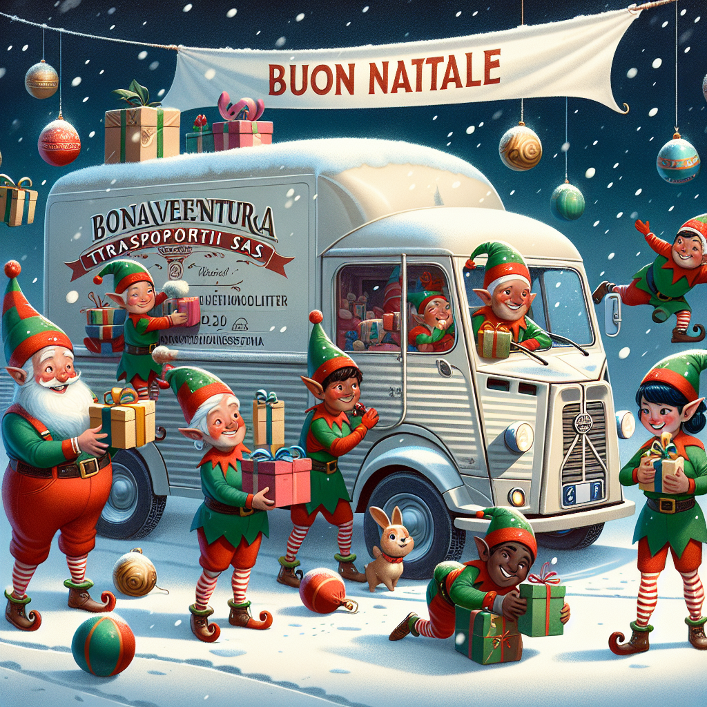 An illustration features a team of cheerful elves loading gifts into a vintage delivery van with 'Bonaventura Trasporti Sas' painted on the side, under a banner that reads 'Buon Natale.' Snowflakes are falling gently, and a couple of elves are playfully tossing snowballs while Santa oversees the operation with a merry thumbs-up.
Generated with these themes: Buon Natale.
Made with ❤️ by AI.