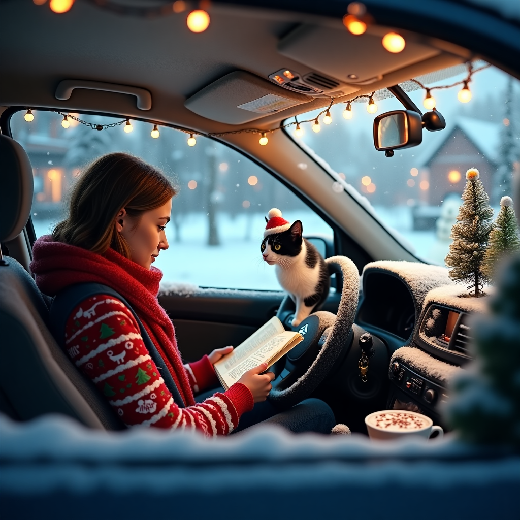 The scene takes place inside a cozy, snow-covered Suzuki Ignis parked beneath a streetlamp adorned with twinkling Christmas lights. Through the car's frosted windows, we see a young biology student, her face illuminated by the soft glow of a dashboard light, deeply engrossed in her textbook. She's wrapped in a vibrant red scarf and a quirky Christmas sweater adorned with tiny DNA helix patterns and mistletoe. Her backpack, brimming with notes and a flask, lies open on the passenger seat. Meanwhile, her black and white cat, wearing a tiny Santa hat, is comfortably nestled in the passenger seat next to her, staring intently at a snowflake that has landed on the windshield. The cat's tail is playfully curling around a small model skeleton perched on the dashboard—a humorous nod to the student's biology passion. In the backseat, a small, tastefully decorated Christmas tree stands, its ornaments jingling gently with each gust of wind outside. On the dashboard, a steaming cup of hot chocolate, topped with whipped cream and sprinkles, adds warmth to the scene. Outside, snowflakes fall softly, dusting the car and creating a serene, festive atmosphere. The backdrop features a quaint village with houses aglow in warm, inviting lights, and a snowman waving from the roadside. This whimsical tableau captures the charm of Christmas with a quirky twist, blending the magic of the season with the student's academic dedication and the cat's mischievous curiosity.
Generated with these themes: A biology student studying with her black and white female cat in the front seat of a Suzuki Ignis.
Made with ❤️ by AI.