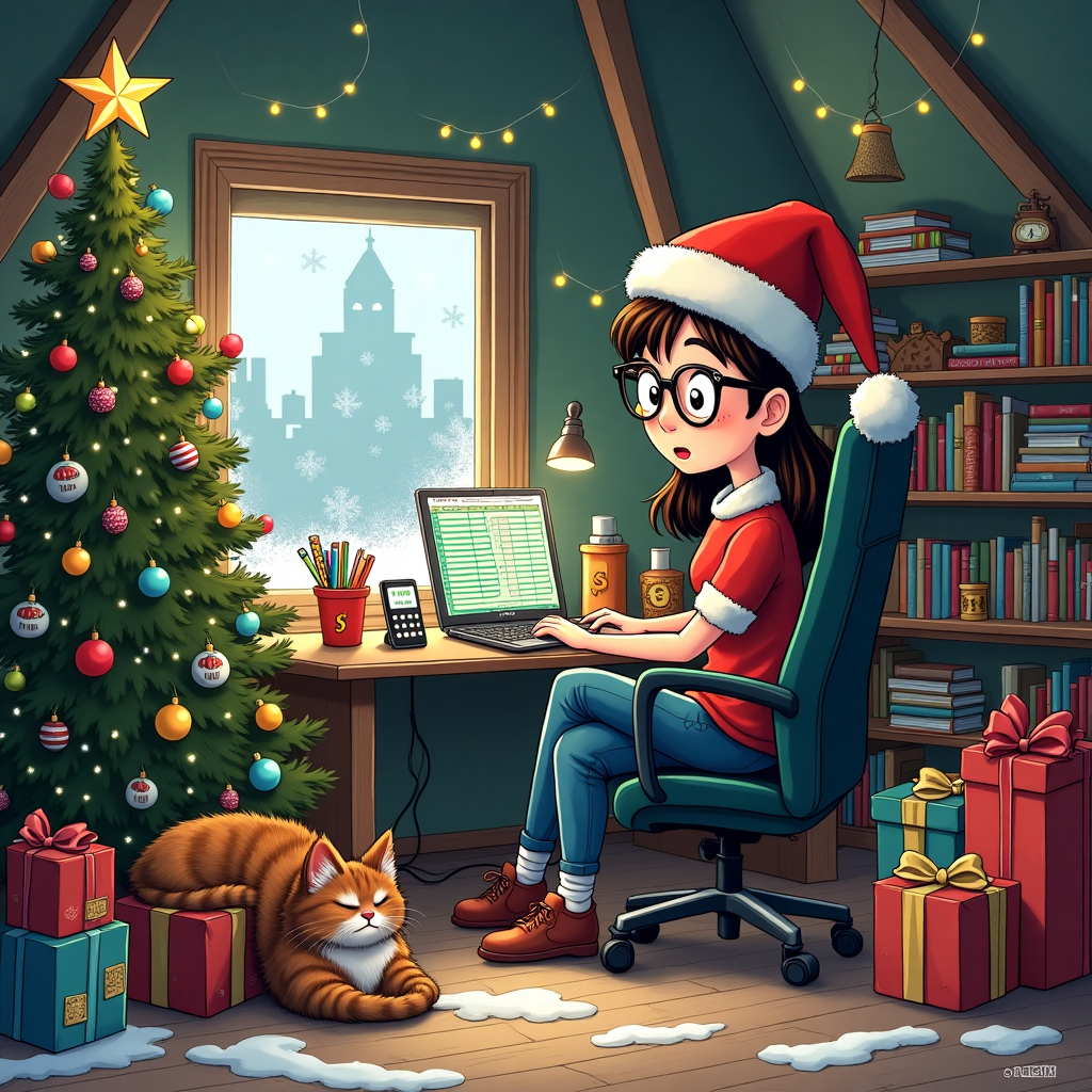 The scene unfolds in a cozy attic office in The Hague, where a young, quirky accountant girl sits cross-legged on a swivel chair, her eyes wide with a mix of surprise and amusement. She wears a classic Santa hat with a fluffy white pom-pom, and her glasses slide slightly down her nose as she peers over her laptop. The laptop is adorned with festive stickers of candy canes and snowflakes. Next to the laptop, her smartphone buzzes incessantly with alerts. Her desk is cluttered with piles of colorful, whimsically decorated Christmas-themed spreadsheets, their headers adorned with tiny bells that jingle each time she shuffles the papers.

In the corner of the room stands a magnificent, slightly lopsided Christmas tree, its branches overflowing with tinsel and sparkling lights that twinkle rhythmically. Nestled among the tree's branches are miniature baubles shaped like calculators and tiny ledger books, paying homage to her profession. At the top of the tree, a star shines brightly, but with a twist—it's shaped like a euro symbol to nod to her accounting expertise.

The walls of the attic are lined with shelves of classic comic books and manga, subtly hinting at her inspirations, with the spines showing titles like "Peanuts", "Calvin and Hobbes", and "Astro Boy." A small window is frosted with cold, and through it, you can catch a glimpse of The Hague's historic skyline, dusted with a gentle layer of snow.

On the floor, at her feet, sits a chubby, sleepy tabby cat, wearing a comically oversized red bow. The cat is sprawled on a stack of wrapped gifts, each with elaborate tags like "To: Spreadsheet Wizard" and "From: Santa's Accounting Department."

Hanging from the ceiling are strings of bells that chime softly whenever the girl sways in her chair, lost in a humorous chat on her phone about elf payroll errors. The entire scene captures a blend of festive chaos and professional dedication, with each element telling a small part of her story, inviting the viewer into her merry, uniquely accountant-centric Christmas.
Generated with these themes: christmas accountant girl in den hague with laptop and mobile with christmas three and bells.
Made with ❤️ by AI.