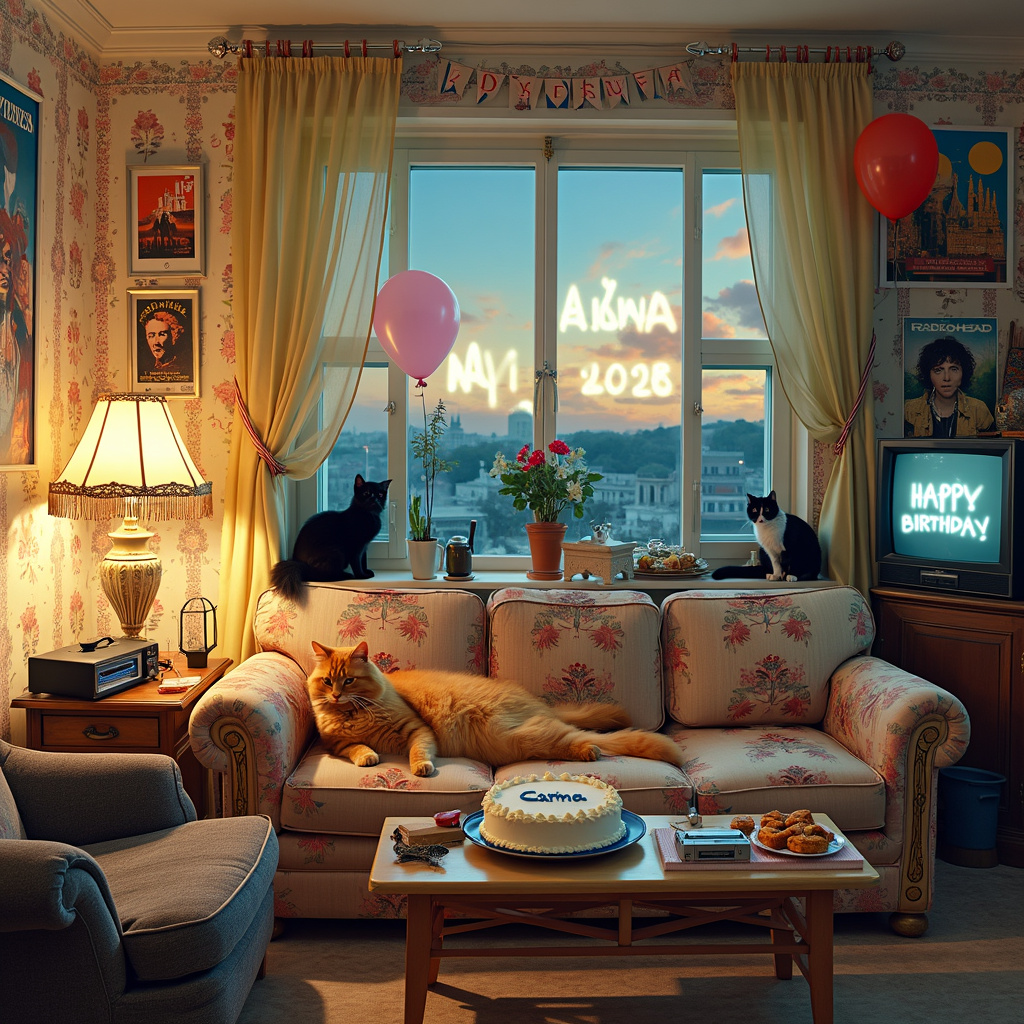 Imagine a bustling, vibrant 1990s Serbian living room, where the pastel-colored wallpaper is adorned with Radiohead posters, including one of their iconic "OK Computer" album cover. The room is a delightful chaos of nostalgic elements, with an old CRT television broadcasting a classic nineties Serbian sitcom. The TV stand is cluttered with VHS tapes, a mix of Serbian dramas and Radiohead concert recordings.

In the center of the room, a large, fluffy orange cat named "Creep" lounges lazily on a worn, patterned sofa. Creep's collar has a tiny Radiohead logo, hinting at its owners' musical preferences. Surrounding the cat, you see birthday decorations: colorful streamers, balloons, and a banner strung across the room that reads, "Happy Birthday Ana!" in bold, playful letters.

To the left of the sofa, an antique wooden coffee table is set with a birthday cake. The cake is decorated with a frosting rendition of Serbia's iconic landmarks, such as the Belgrade Fortress, and at its center is the name "Ana" in delicate icing script. Beside the cake, there’s a vintage Walkman and some cassette tapes of Radiohead's greatest hits, along with a tray of traditional Serbian pastries.

The window behind the sofa showcases a twilight sky, where fluffy clouds spell out "Ana" in a whimsical, swirling font, as if the universe itself is joining in the birthday celebration. On the window sill, another cat, a sleek black feline named "Karma," sits and gazes outside, its collar also featuring the Radiohead logo.

The room is lit by a retro floor lamp with a fringed shade, casting a warm, nostalgic glow over the entire scene, tying together the eclectic mix of Radiohead fandom, Serbian culture, cats, and nineties television into a uniquely personal and charming birthday greeting for Ana.
Generated with these themes: Serbia, Radiohead , Cats, and Nineties television.
Made with ❤️ by AI.