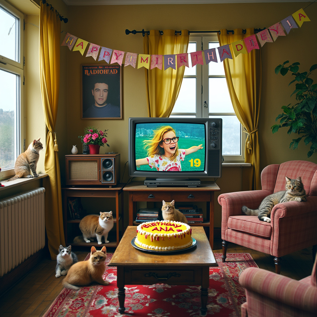 In a vibrant and whimsical scene, we find ourselves in a cozy, vintage Serbian living room straight out of the 1990s, complete with an old CRT television set that is showing an episode of "Friends" with Serbian subtitles. The room has patterned wallpaper in retro hues of mustard yellow and olive green, and an old wooden radio that has Radiohead’s "Creep" quietly playing in the background. 

To the left, there’s a window with a view of Belgrade’s iconic Kalemegdan Fortress, but with a twist: it’s being playfully overrun by an army of cats! These cats are dressed in tiny Radiohead-themed T-shirts and are joyfully prancing around, some of them even wearing miniature versions of Tom Yorke's signature glasses. 

In the center of the room, there's a vintage wooden coffee table with a bright, icing-covered birthday cake that reads "Happy Birthday Ana" in colorful frosting. Above the cake, a Radiohead concert poster from the nineties is tacked to the wall. 

Further adding to the scene, hanging from the ceiling are birthday banners with Ana's name in large, festive letters. 

On the wall, there's a framed photo of Ana as a child, with a cat perched on her shoulder, smiling as if it was all planned. 

The scene is bustling with intricate details: the floral rug on the floor, a stack of old VHS tapes in the corner labeled with nineties TV show names, and a fluffy tabby cat curled up on the armrest of a well-worn plaid armchair.

This card cover is not just a birthday greeting; it's a nostalgic trip that intertwines Ana’s special day with her love for Serbia, Radiohead, cats, and the iconic charm of nineties television.
Generated with these themes: Serbia, Radiohead , Cats, and Nineties television.
Made with ❤️ by AI.