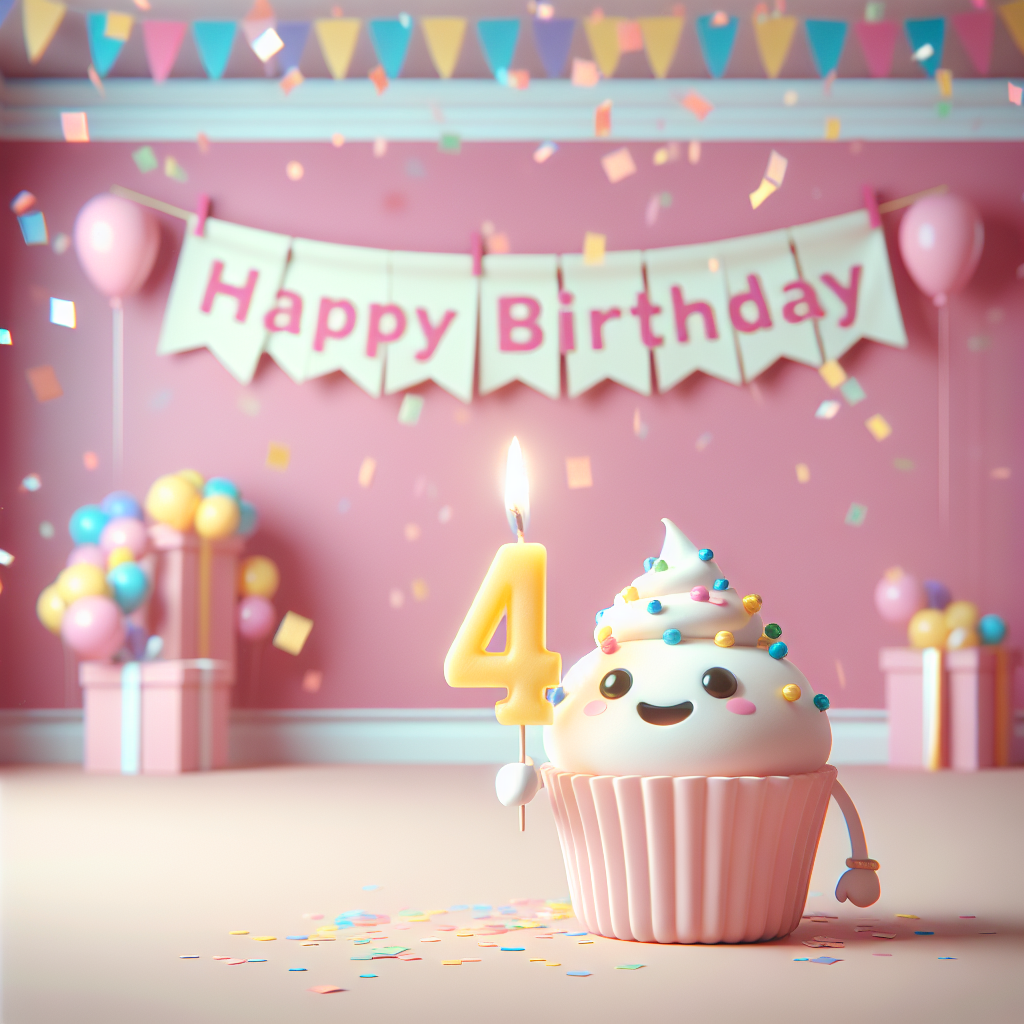The illustration features a pastel-shaded room with a festive atmosphere, 'Happy Birthday' elegantly scripted on a wall banner. In the middle, a jovial cartoon character holds a cupcake with a single candle that shows '49', with confetti sprinkling down from above.
Generated with these themes: 49th  .
Made with ❤️ by AI.