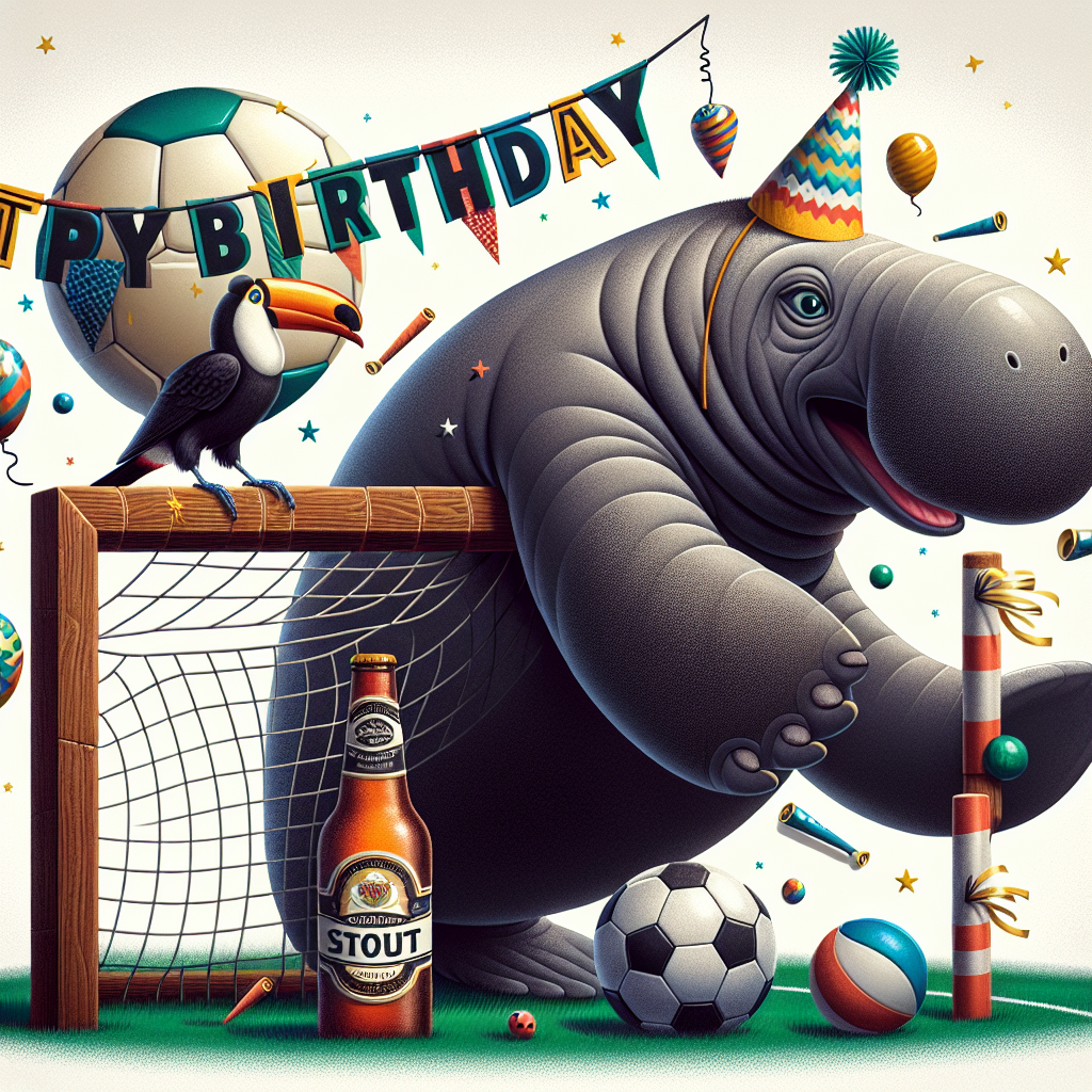 In this fun-filled birthday scene, a manatee donning a festive hat skillfully dribbles a soccer ball. On the ball is a geometric pattern that somewhat resembles a conventional football club logo, maintaining the sports theme. Perched atop a decorated goal post, a toucan, with a bottle of generic stout beer under its wing, offers enthusiastic cheers. The scene is peppered with party hats and a sign reading 'Birthday Cheers', seamlessly blending in the elements of a typical birthday celebration with the soccer theme, thus crafting a light-hearted and entertaining illustration.
Generated with these themes: Soccer, Manatee,  Chelsea football club, Toucan, Guinness , and Birthday .
Made with ❤️ by AI.