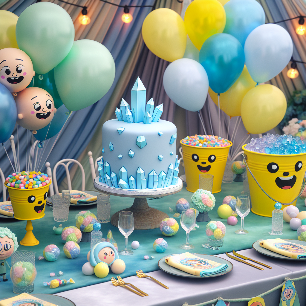 The celebration scene showcases an appealing mix of fun and realism. A table covered in light, joyful colors is the main feature, with a miniature yellow bucket filled with candies at each place setting. The centerpiece sports a cake designed to resemble blue crystals, capturing the eye instantly. Balloons in gentle shades of blue and green float above the table, each one decorated with the face of an animated, amiable character. The charming vibe, quirky details, and unique cake design make the setting perfect for a TV series-themed party.
Generated with these themes: breaking bad tv show .
Made with ❤️ by AI.