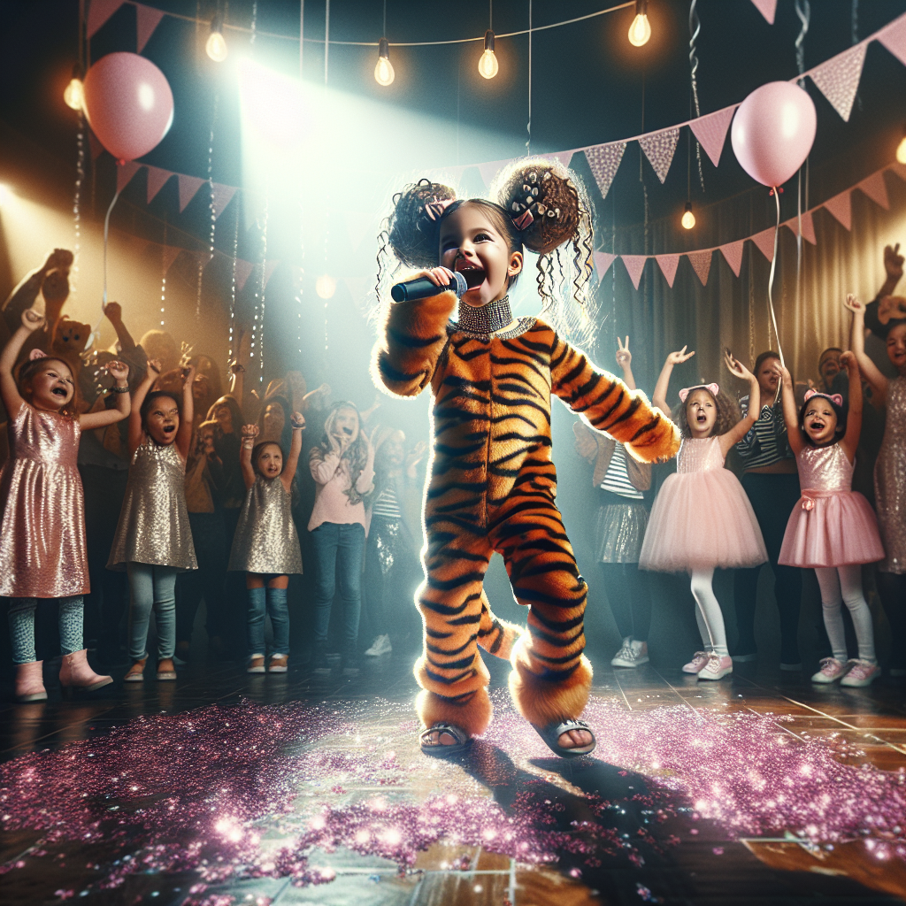 This scene encapsulates the energy of a high-spirited music contest. The spotlight is on a 6-year-old birthday girl of Hispanic descent. She's bedecked in a tiger print costume, embodying the role of an aspiring pop star. Two whimsical buns configured from her hair add intensity to her persona. Singing with the intensity of a seasoned performer, she leads the dance floor. The crowd around, unable to resist the contagious joy, joins her in dance. Suspended in the air are shimmering particles of pink glitter enhancing the festive mood. Balloons and banners in a similar shade of pink consolidate the theme. With cameras out, guests are excitedly capturing every moment of this standout birthday performance.
Generated with these themes: Eurovision , Dancing, A 6 year old girl in tiger print and her hair in a bunsinging , Pink glitter, and Tiktok.
Made with ❤️ by AI.