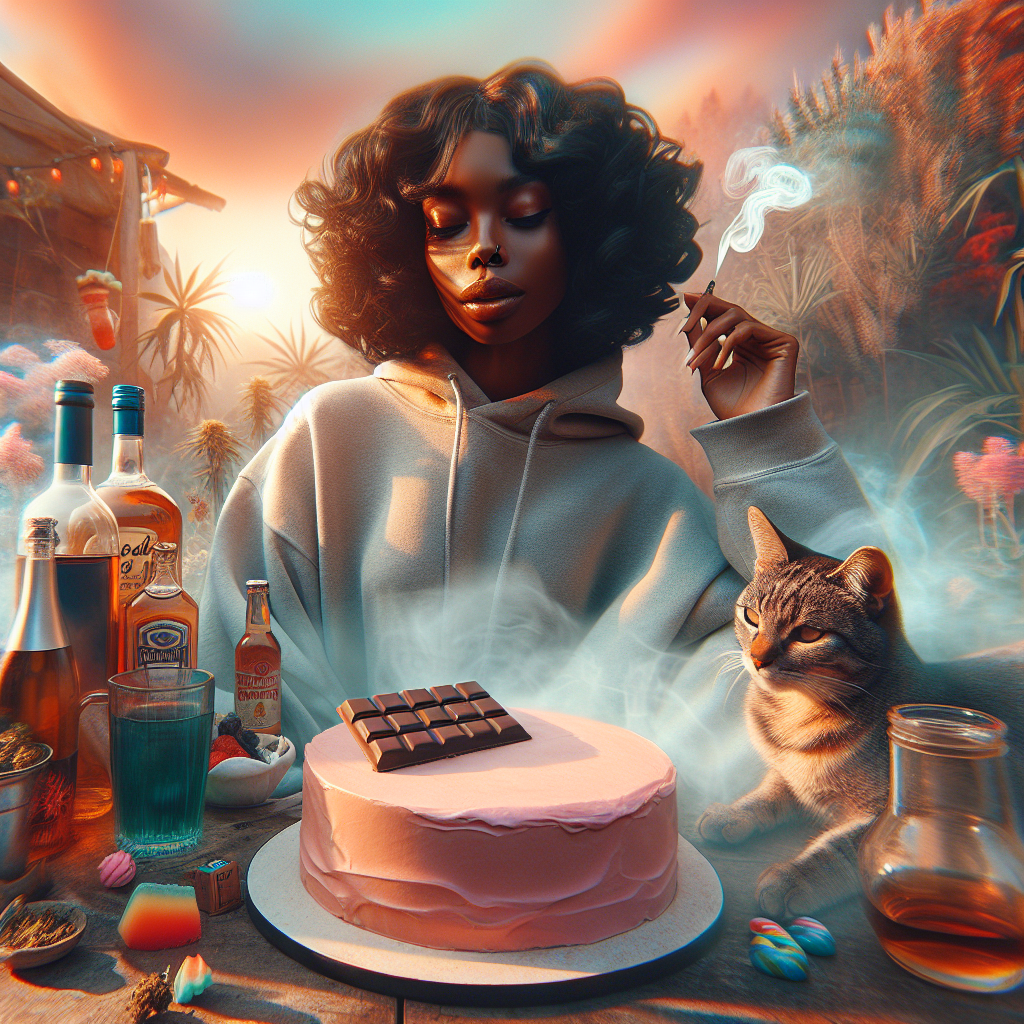 Showcasing a surreal abstract ambiance, a scene comes to life with a Black woman, her medium brown complexion framed by shoulder-length curls. Immersed in the current moment, she is dressed in a casual hoodie and is seen with a soft wisp of cannabis smoke clouding subtly around her. A mischievous Tabby kitten is comfortably curled next to her, living the moment. The foreground proudly presents a birthday cake, amidst an assortment of alcoholic beverages, giving off a relaxed festive aura. The sun casts a warm and serene glow, hinting mildly at a daydreaming holiday mood. Her face mirrors peaceful joy as she sits in this harmonious backdrop, a rich chocolate bar in her grip, completing this tranquil birthday daydream.
Generated with these themes: Black lady with really curly shoulder length hair medium brown skintone wearing a hoodie, Smoking weed marijuana, Tabby cat kitten, Birthday cake , Alcohol, High, Sunshine, Vacation, Happy peaceful, and Chocolate.
Made with ❤️ by AI.