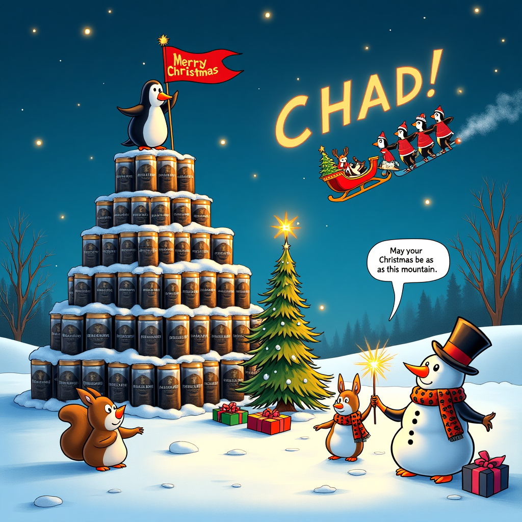 In this whimsical Christmas card scene, imagine a snow-blanketed landscape reminiscent of a classic Charles Schulz winter wonderland. A giant mountain of Carling Black Label cans towers comically in the center, glistening under a starry night sky with a hint of twinkling snowflakes gently falling. The cans are stacked haphazardly, some slightly tilted, evoking a playful sense of chaos. At the peak of this towering metallic mountain, a small but determined penguin, reminiscent of something from the imagination of Osamu Tezuka, stands proudly holding a tiny flag that reads "Merry Christmas, Chad!" in bold, cartoonish letters.

Below the mountain, a group of animated woodland creatures – think Disney-like reindeer with oversized eyes and exaggerated expressions – are gathered in a lively festive scene. They're busy decorating a quirky, scraggly Christmas tree with colorful baubles and tinsel, which sits beside the can mountain. Among them is a cheeky squirrel holding a shiny Carling can as if it were a trophy.

In the background, a sleigh pulled by a team of penguins (borrowing from the whimsical humor of Gary Larson) is caught mid-flight, with Santa waving enthusiastically. The name "Chad" is cleverly integrated into the scene by being written in the sky with sparklers held by two mischievous elves, whose expressions hint at a mischievous plot.

To complete the picture, scattered presents wrapped in vibrant paper dot the snowy landscape, and in the foreground, a speech bubble emerges from a snowman with a top hat, saying, "May your Christmas be as epic as this mountain, Chad!" The overall scene is vibrant, bustling with the spirit of humor and holiday cheer, making it a perfect funny cartoon Christmas card cover.
Generated with these themes: A mountain of carling black label cans.
Made with ❤️ by AI.