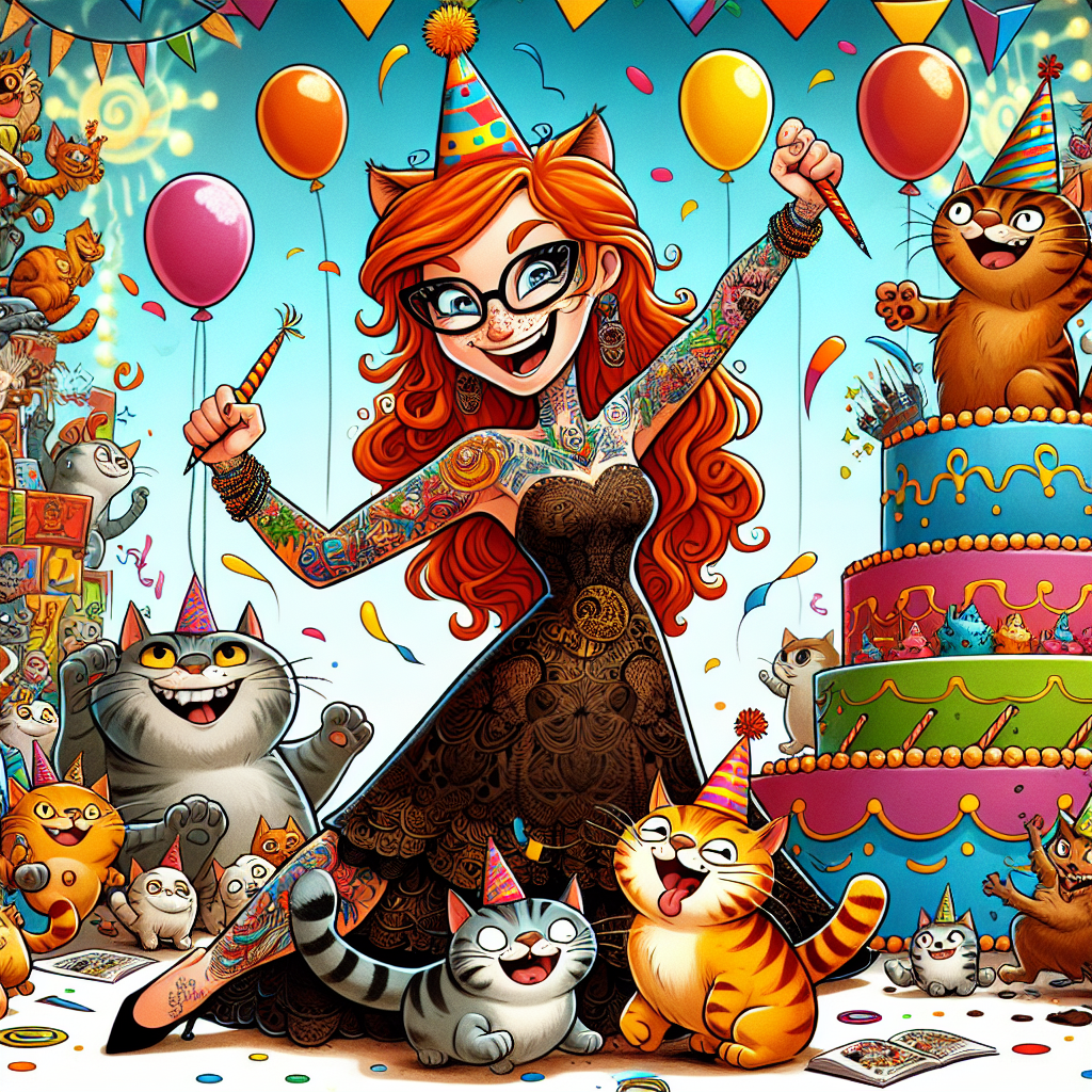 Imagine a joyful, comical cartoon scenery. At the heart of this image stands a ginger-haired woman whose arms are richly adorned with intricate tattoos. She is the center of attention at a cat-themed birthday party happening around her. Mischievous cartoon cats are seen wearing fun party hats and scampering around her, adding to the overall merriment. The backdrop is filled with elements of joy - a bunch of vibrant balloons, colorful streamers, and a large, whimsical birthday cake shaped like a giant fish all hint at the feline-themed party. The entire image radiates the feeling of a playful and cheerful birthday bash.
Generated with these themes: Lady with tattoos, Ginger hair, and Cats.
Made with ❤️ by AI.