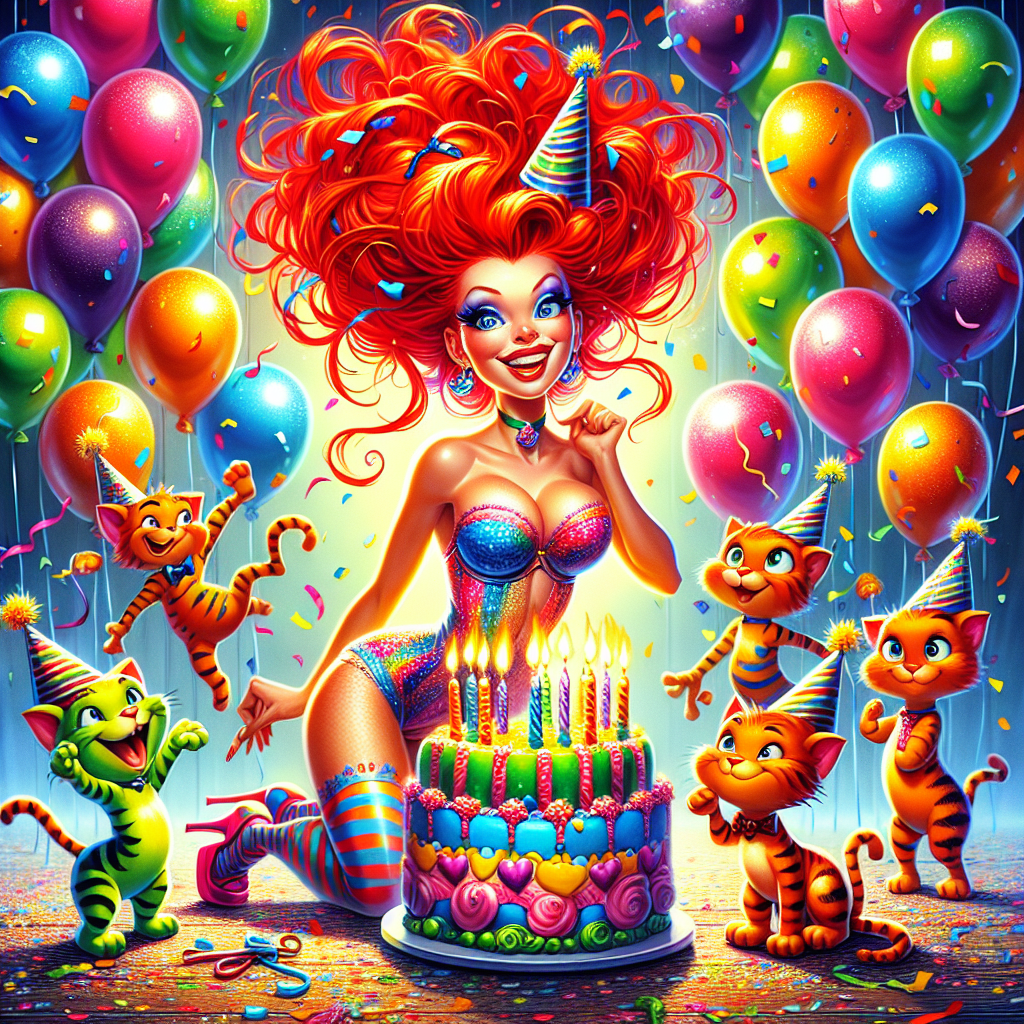 A lively cartoon of a birthday party is unfurling with vibrant colors and a touch of humor. A buoyant Caucasian lady with fiery red hair is in the center, her skin adorned with a variety of colorful tattoos that match her playful clothes. Surrounding her is a group of playful cartoon cats, each one wearing a tiny party hat with stripes or polka dots. The scene is imbued with jubilation, adorned with vivid balloons in different shapes and sizes, confetti raining down in every hue, and a whimsical birthday cake, frosted with enticing sweet layers and topped with glowing candles, completing the festive ambiance.
Generated with these themes: Lady with tattoos, Ginger hair, and Cats.
Made with ❤️ by AI.