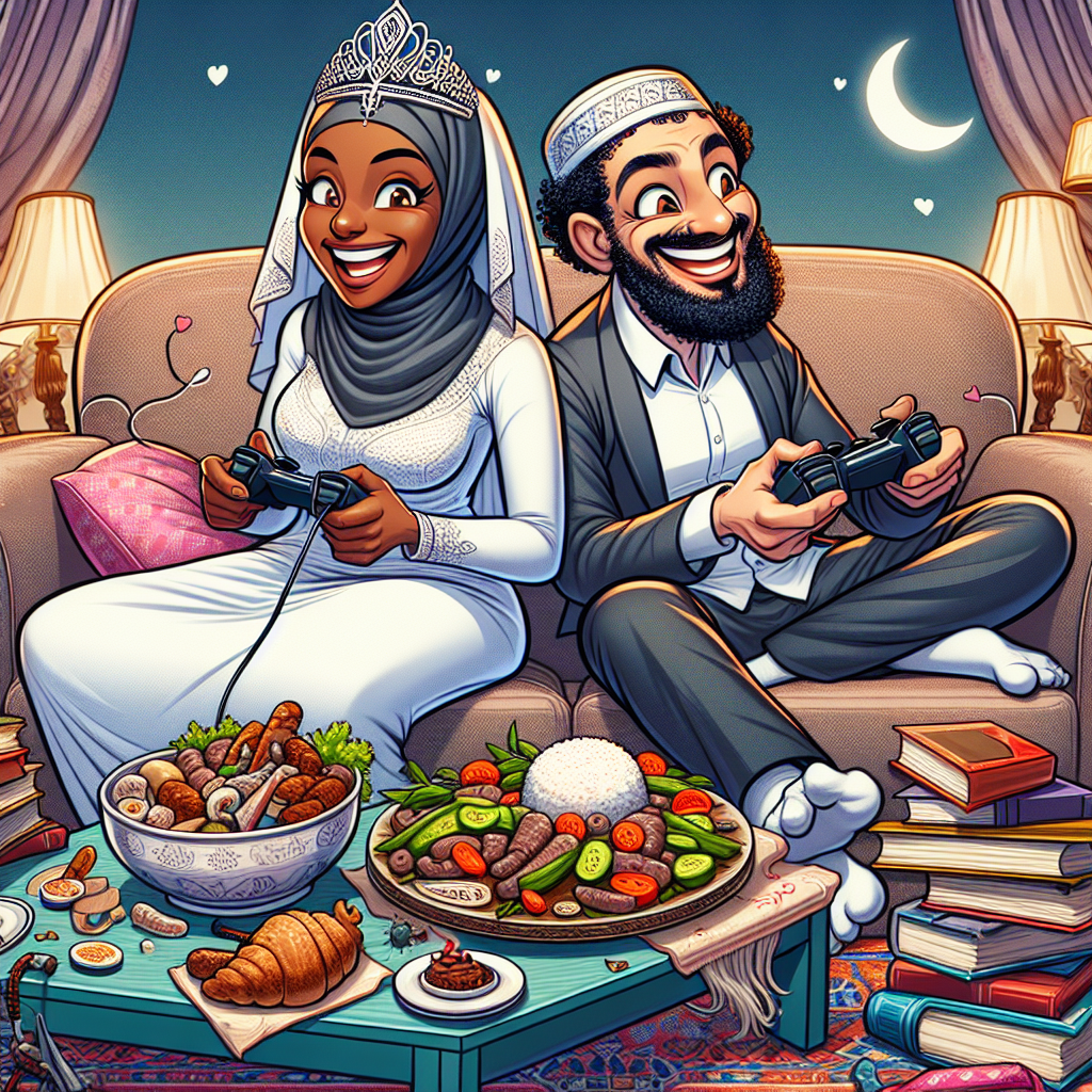 Create a comical cartoon strip that reflects the celebration of an anniversary between a Middle-Eastern man and a Black woman in a whimsical gaming world. Within this magical universe, we see them indulging in a lively video game contest with their faces showing exhilaration and friendly competition. As this battle ensues, a precarious pile of books leans at their side, suggesting their mutual passion for literary journeys. On their coffee table, a lavish array of their adored meals sits untouched, momentarily overlooked amidst the game's intensity, however, it subtly pays tribute to the sustenance of both their physical bodies and their bond through these communal activities.
Generated with these themes: Gaming, reading, eating, adventures .
Made with ❤️ by AI.