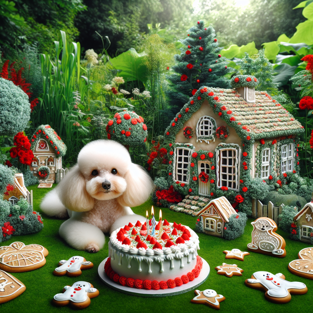Picture a tranquil garden with lush greenery, among which a delicate little house shyly peeps out. The surroundings soak in the festive atmosphere permeating the air. Occupying center stage is a fluffy poodle, its jaws gently holding a birthday cake adorned with red icing, harmonizing with the red flowers dotting the garden. The tableau is further enhanced by an array of playful, whimsical biscuits strewn around, setting the tone for a delightful and adorable birthday celebration.
Generated with these themes: Poodle, Cake, Biscuits, House, Garden, and Red.
Made with ❤️ by AI.