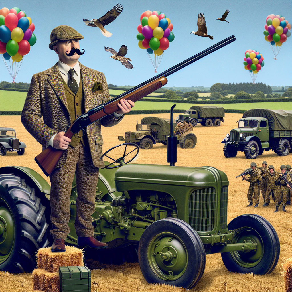 Create a humorous birthday card visual. The central element is a cartoon character portrayed as robust and manly, clothed in tweed, standing dominantly on a tractor. The character handles a shotgun skillfully, all set for some countryside games. Add some charm with hilariously oversized balloons shaped like a chest in the background. Meanwhile, military trucks are scattered around the field, indicating an army drill converted into a celebration, complete with hay bales acting as comfortable hiding spots for the party-goers to relax and enjoy celebratory beverages.
Generated with these themes: Boobs, Army, Shotguns, Country sports, Tweed, and Tractors.
Made with ❤️ by AI.